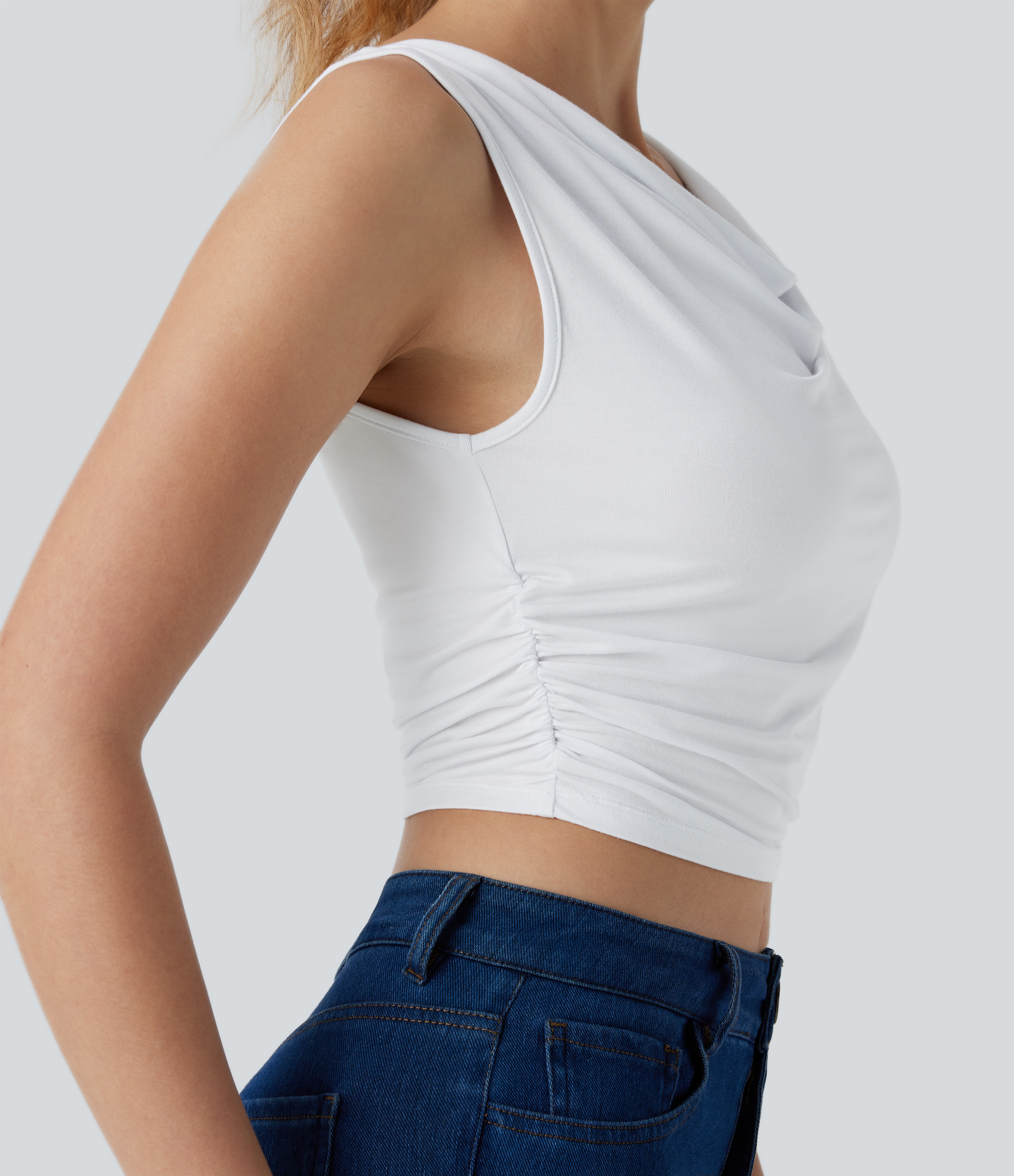 Halara Cowl Neck Sleeveless Ruched Cropped Casual Top Tank Top - White - S golf tops halter top tunic tops sleeveless tops backless top 