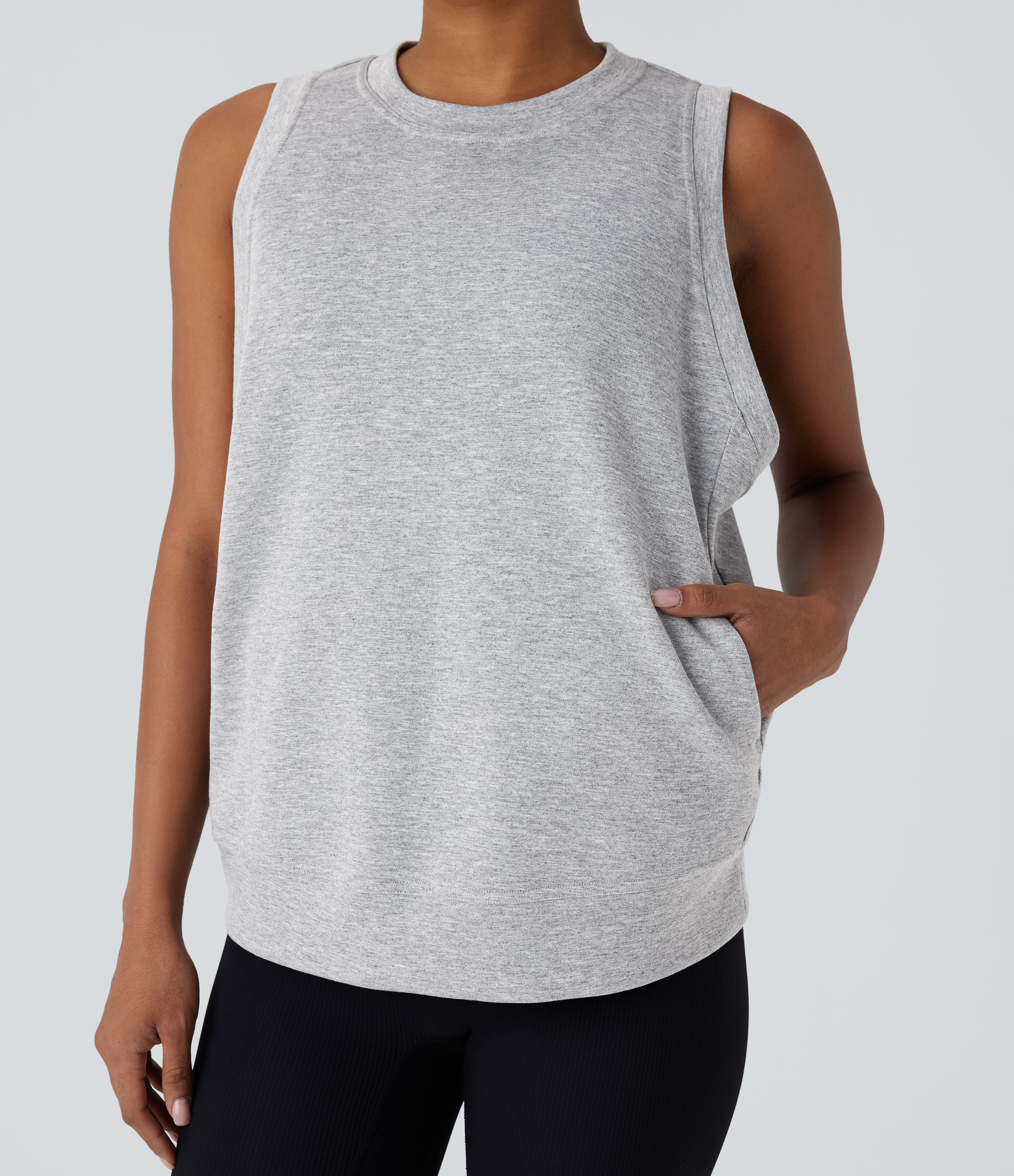Halara Round Neck Side Pocket Casual Tank Top Tank Top - Fog Gray - L golf tops halter top tunic tops sleeveless tops backless top 