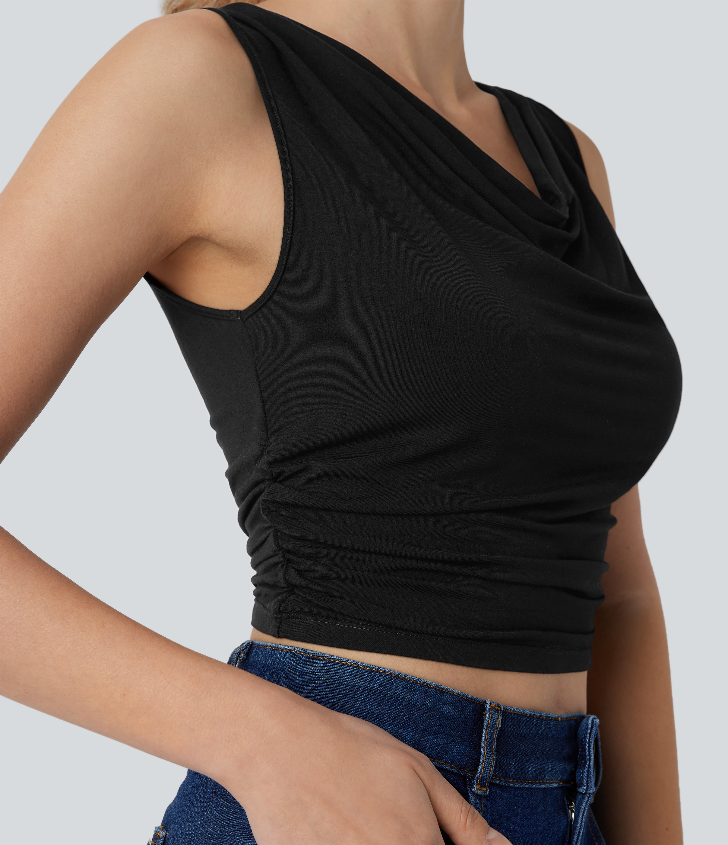 Halara Cowl Neck Sleeveless Ruched Cropped Casual Top Tank Top - Black - XL golf tops halter top tunic tops sleeveless tops backless top 