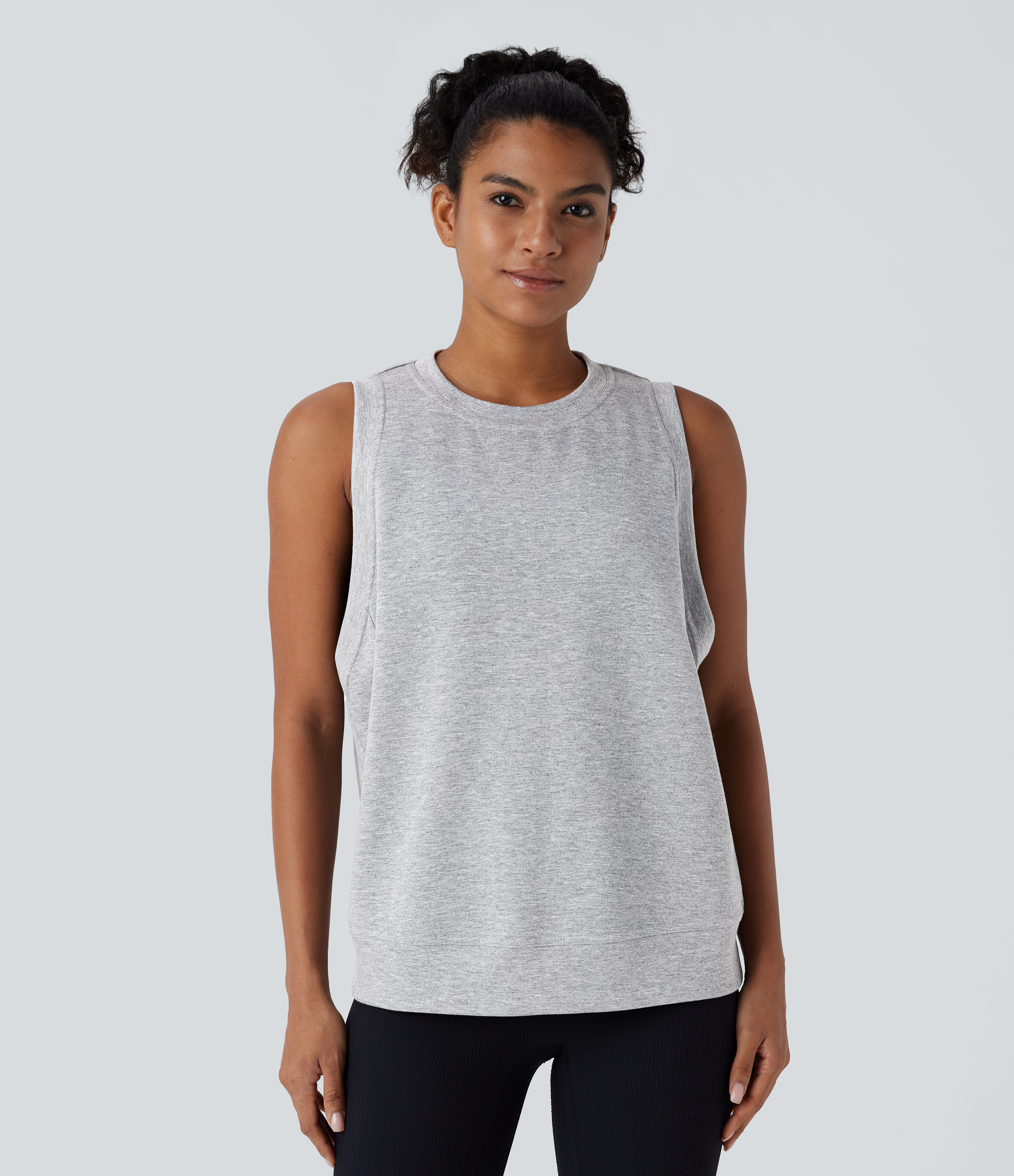 Halara Round Neck Side Pocket Casual Tank Top Tank Top - Fog Gray - L golf tops halter top tunic tops sleeveless tops backless top 