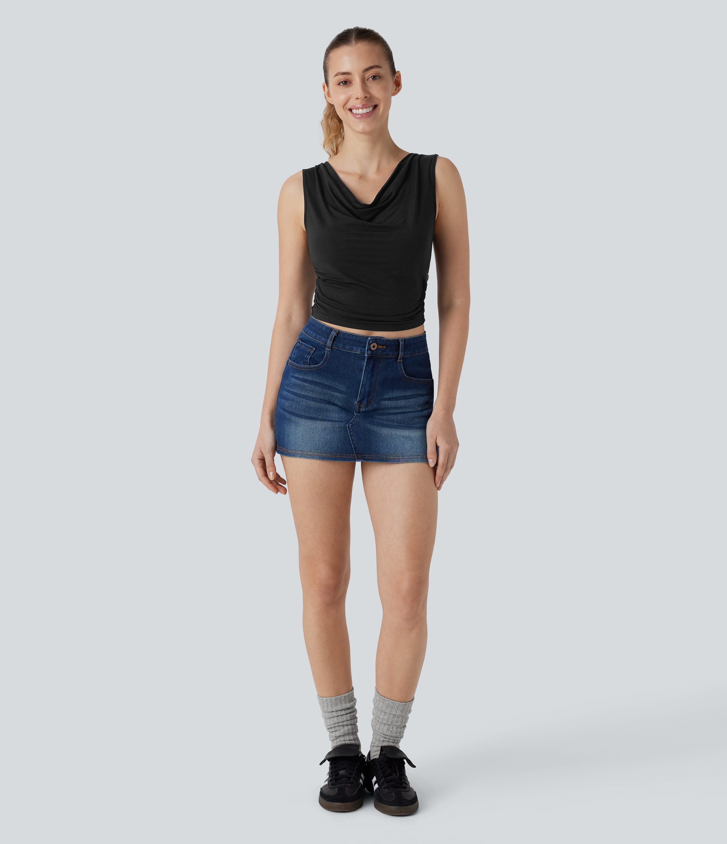 Halara Cowl Neck Sleeveless Ruched Cropped Casual Top Tank Top - Black - XL golf tops halter top tunic tops sleeveless tops backless top 