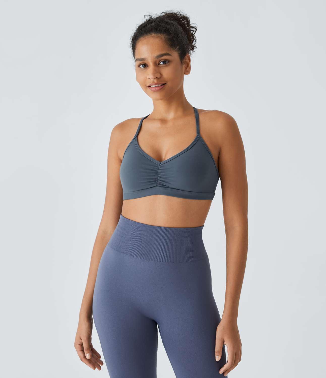 Halara Low Support Backless Ruched Yoga Sports Bra  - Flint Stone - S push up bra strapless bra backless bra sticky bra wireless bra 