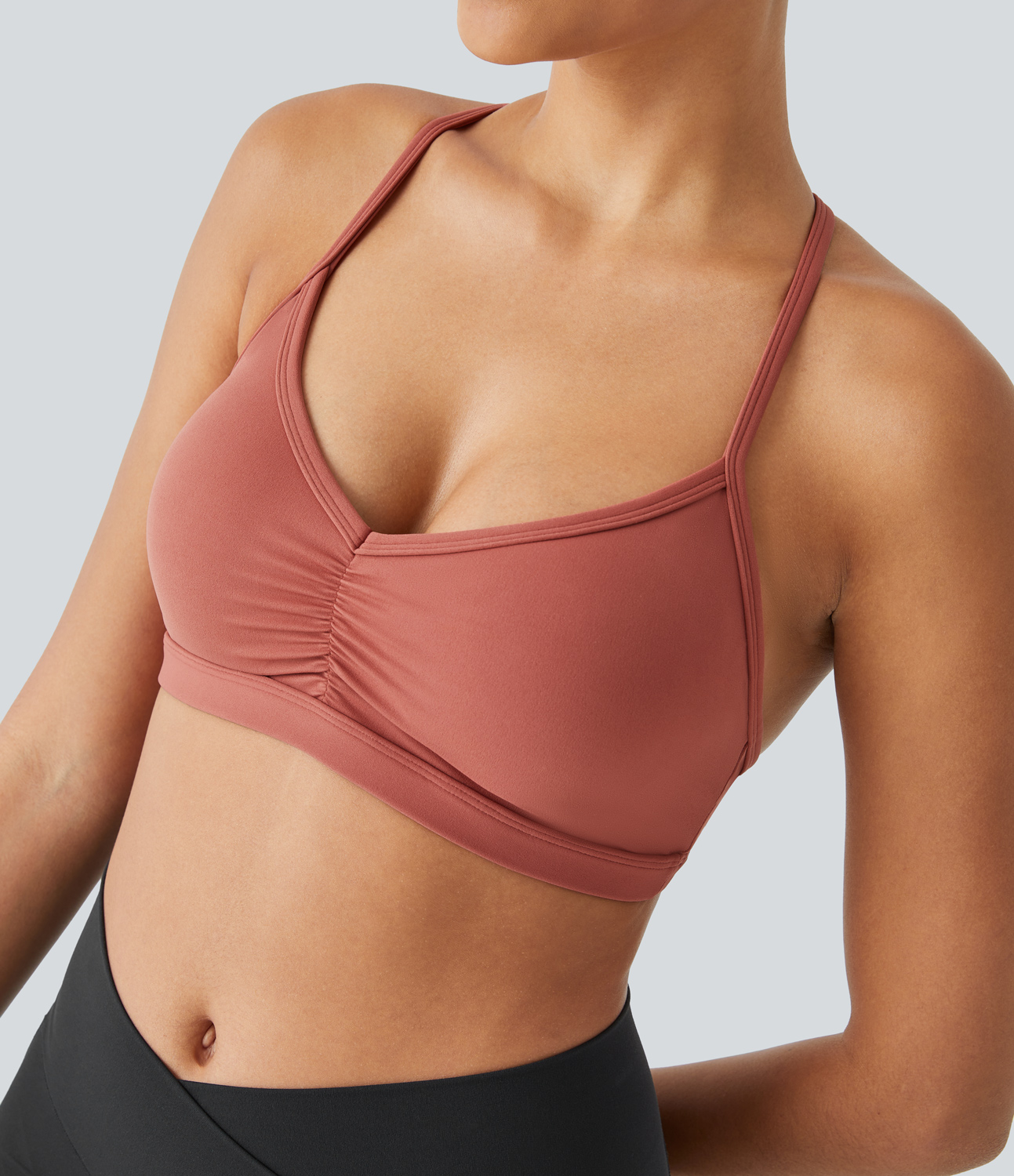 Halara Low Support Backless Ruched Yoga Sports Bra  - Apricot Brandy - L push up bra strapless bra backless bra sticky bra wireless bra 