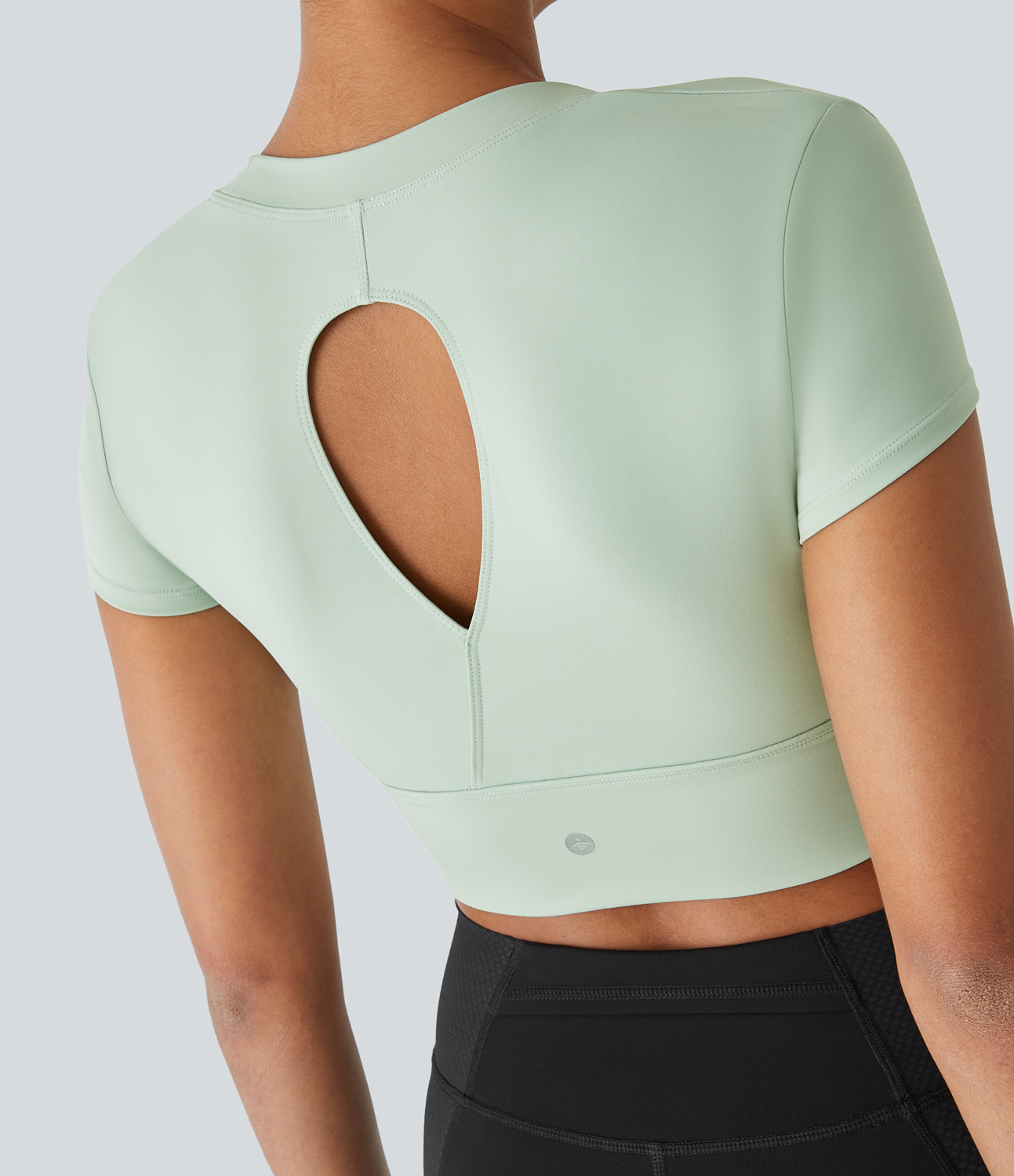 Halara U Neck Short Sleeve Teardrop Cut Out Cropped Yoga Sports Top  - Light Bean Green - XS 