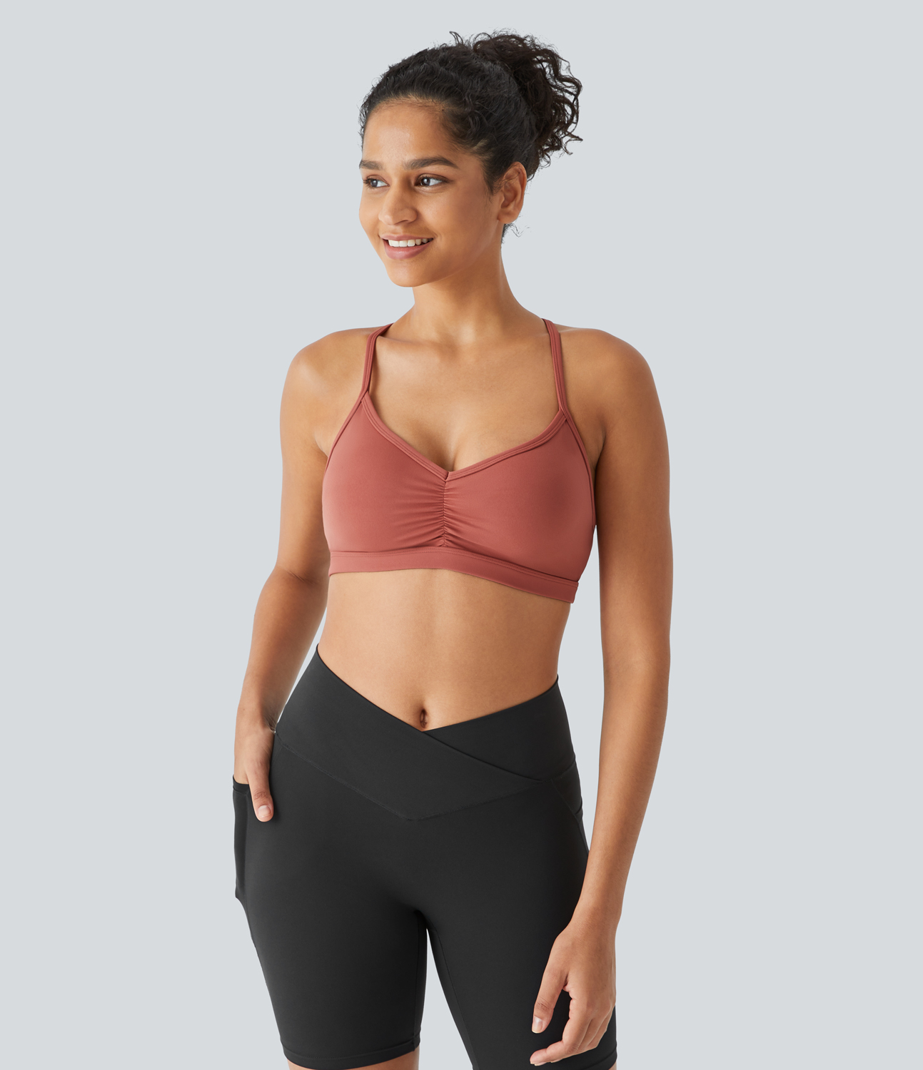 Halara Low Support Backless Ruched Yoga Sports Bra  - Apricot Brandy - L push up bra strapless bra backless bra sticky bra wireless bra 