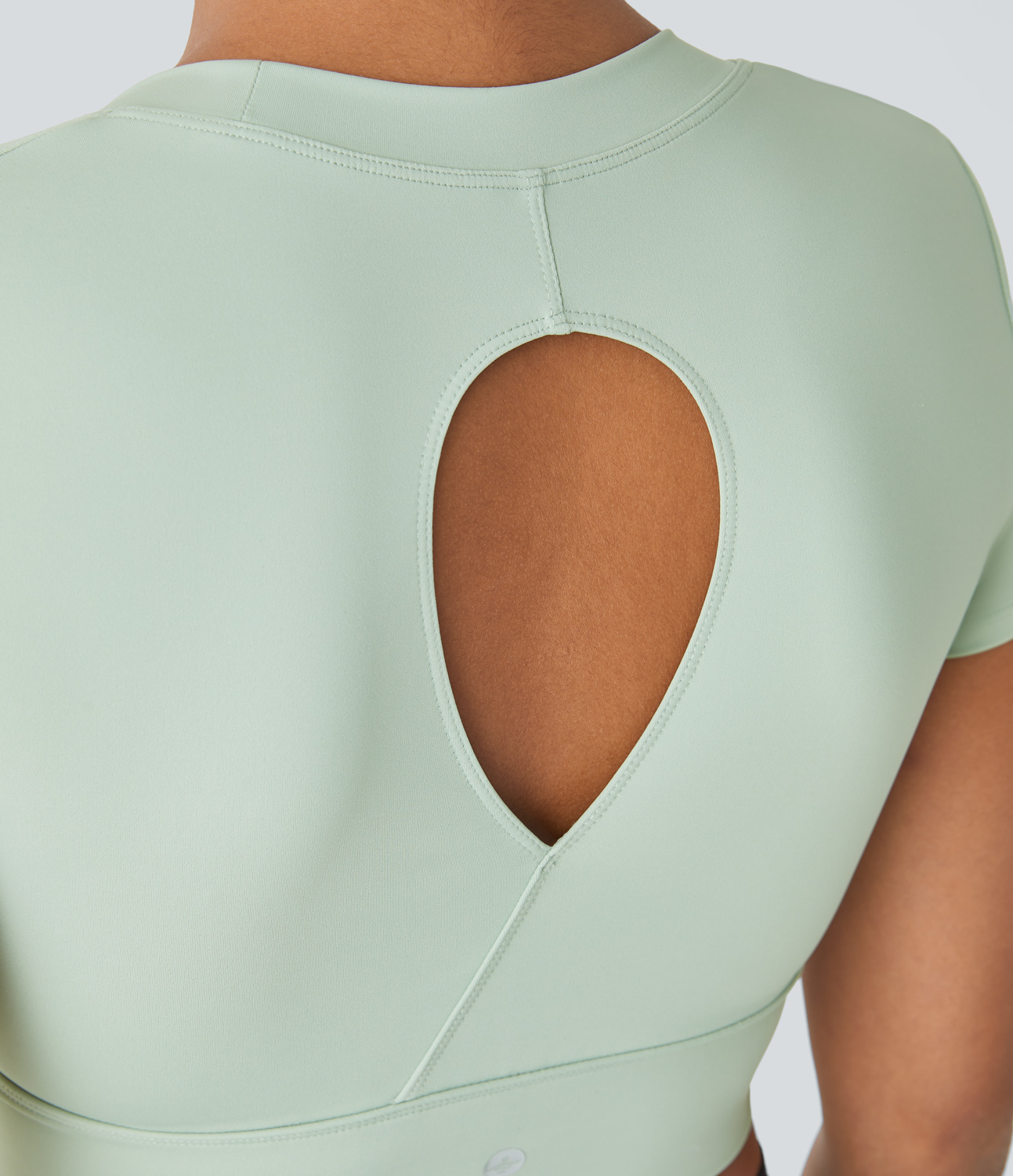 Halara U Neck Short Sleeve Teardrop Cut Out Cropped Yoga Sports Top  - Light Bean Green - XS 