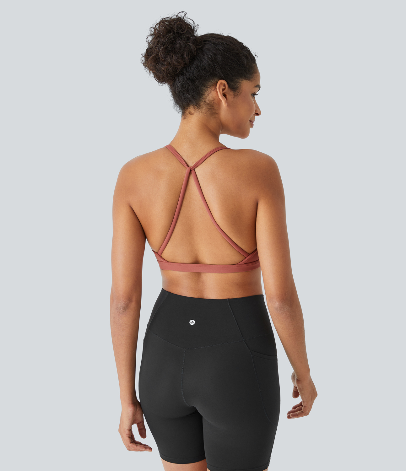 Halara Low Support Backless Ruched Yoga Sports Bra  - Apricot Brandy - L push up bra strapless bra backless bra sticky bra wireless bra 