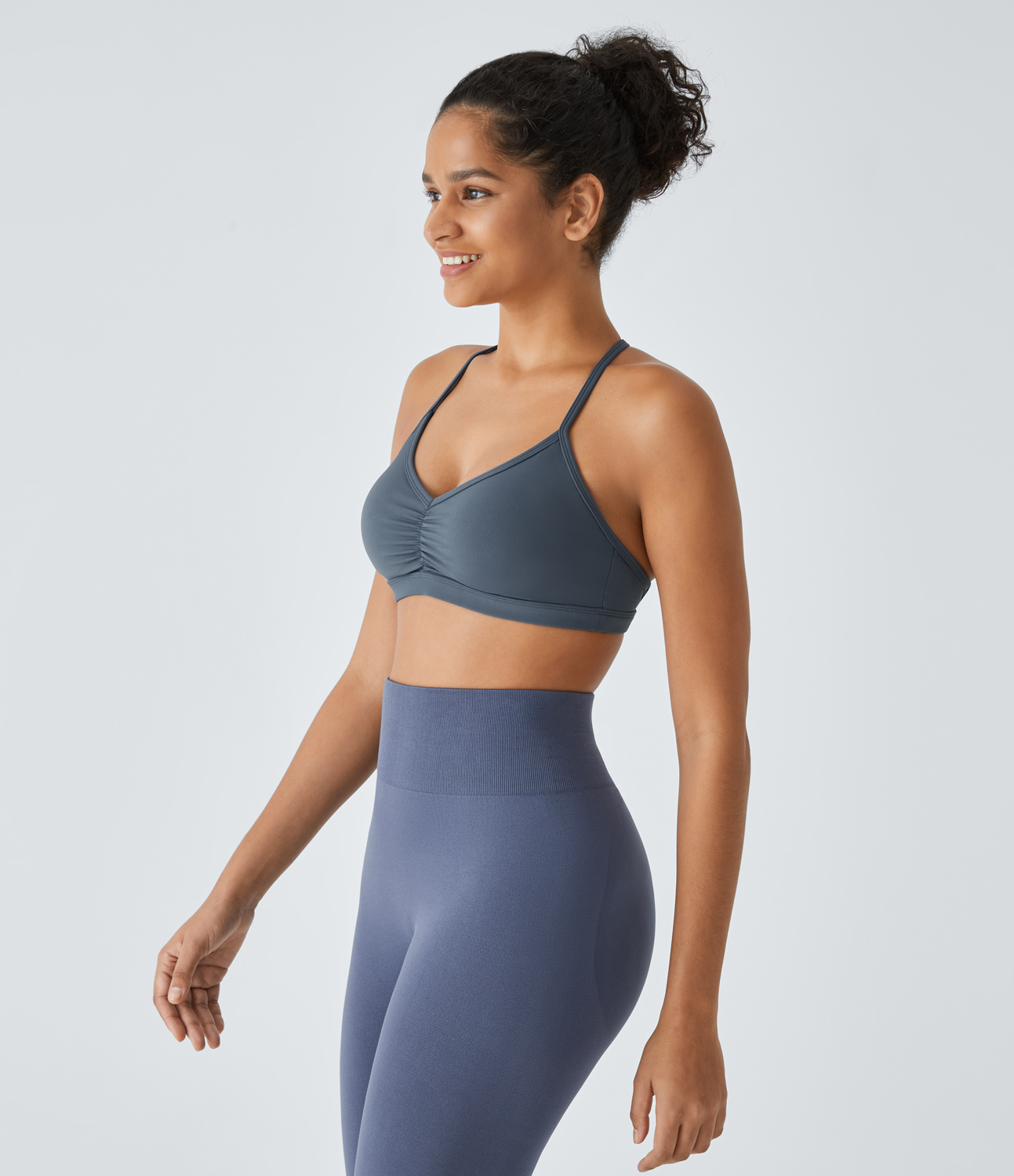 Halara Low Support Backless Ruched Yoga Sports Bra  - Flint Stone - S push up bra strapless bra backless bra sticky bra wireless bra 