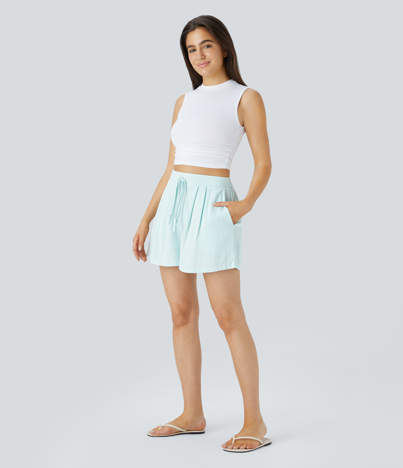 Halara High Waisted Decorative Drawstring Plicated Side Pocket Resort Linen-Blend Shorts  - Cooling Oasis - XL 