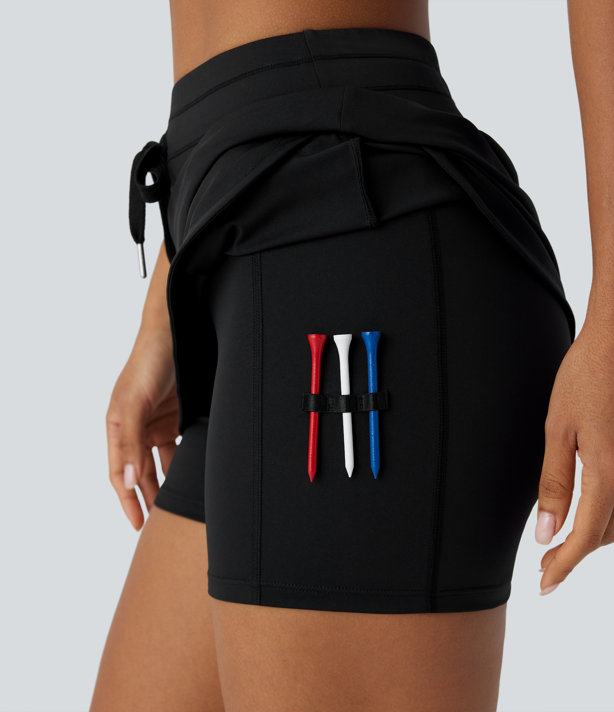 Halara High Waisted Drawstring Side Pocket 2-in-1 Curved Hem Quick Dry Mini Golf Skirt-Golf Tee Pocket  - Black - L(regular) 