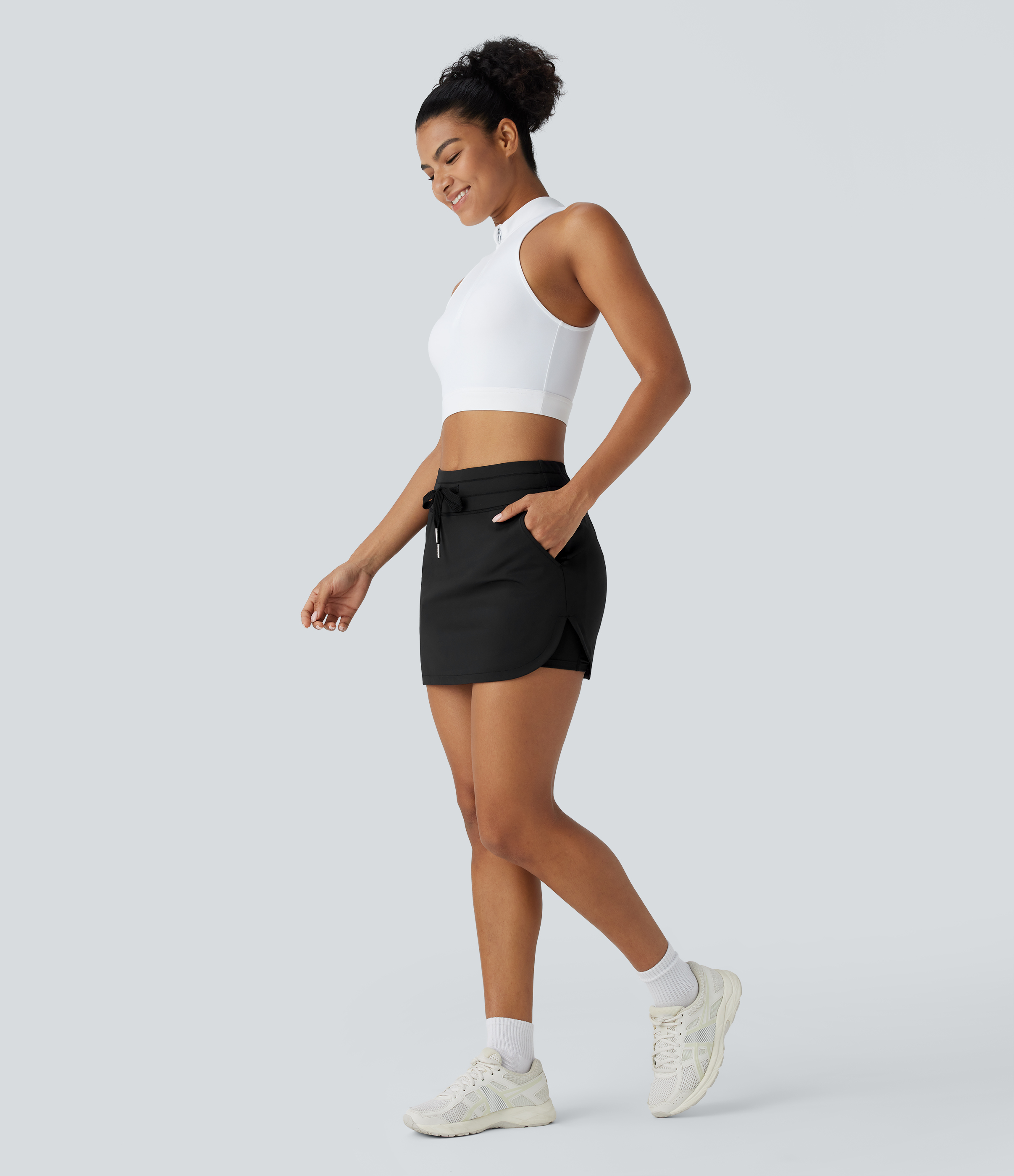 Halara High Waisted Drawstring Side Pocket 2-in-1 Curved Hem Quick Dry Mini Golf Skirt-Golf Tee Pocket  - Black - L(regular) 