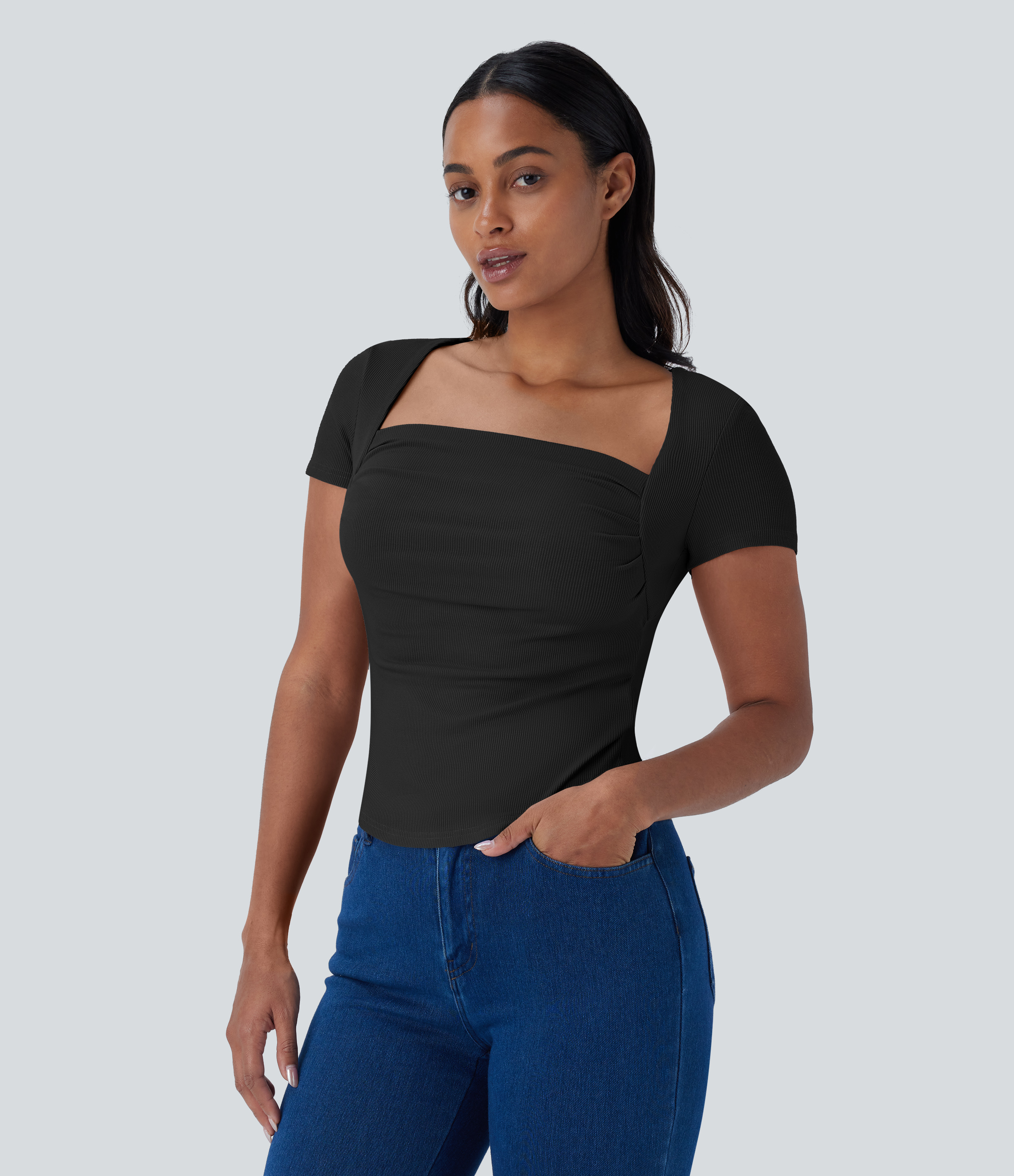 Halara Ribbed Knit Square Neck Ruched Curved Hem 2-in-1 Skinny Casual Baby Tee Tank Top - Black - XS golf tops halter top tunic tops 