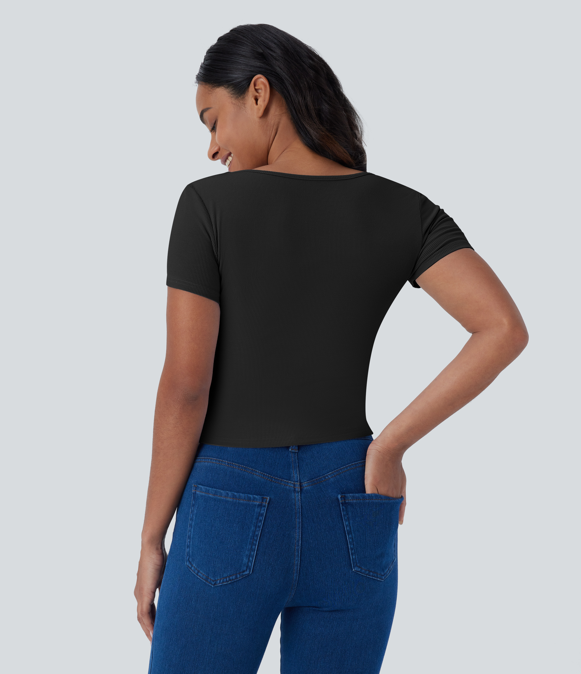 Halara Ribbed Knit Square Neck Ruched Curved Hem 2-in-1 Skinny Casual Baby Tee Tank Top - Black - XS golf tops halter top tunic tops 