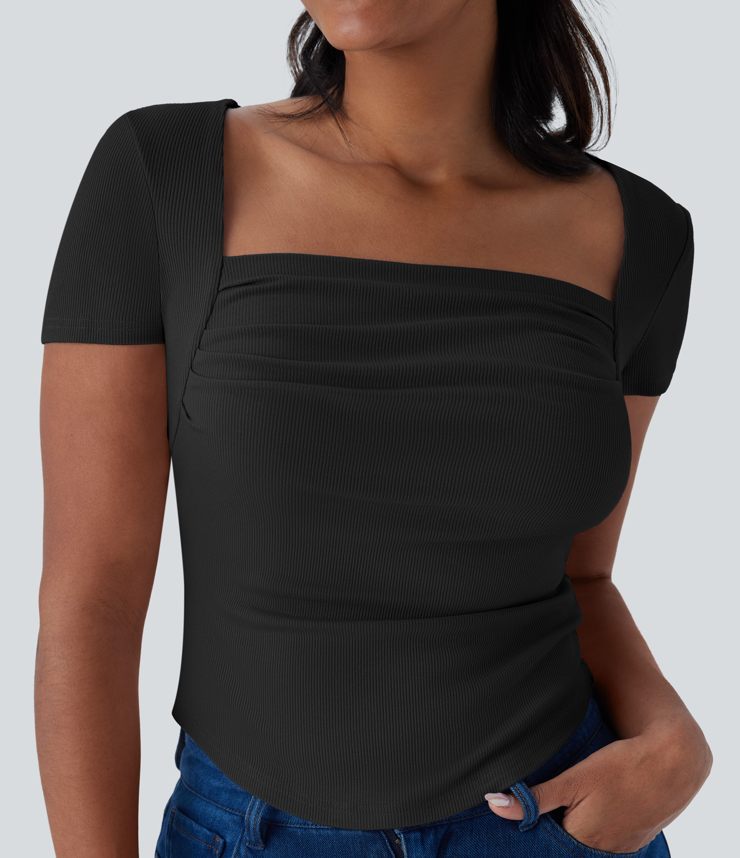 Halara Ribbed Knit Square Neck Ruched Curved Hem 2-in-1 Skinny Casual Baby Tee Tank Top - Black - XS golf tops halter top tunic tops 