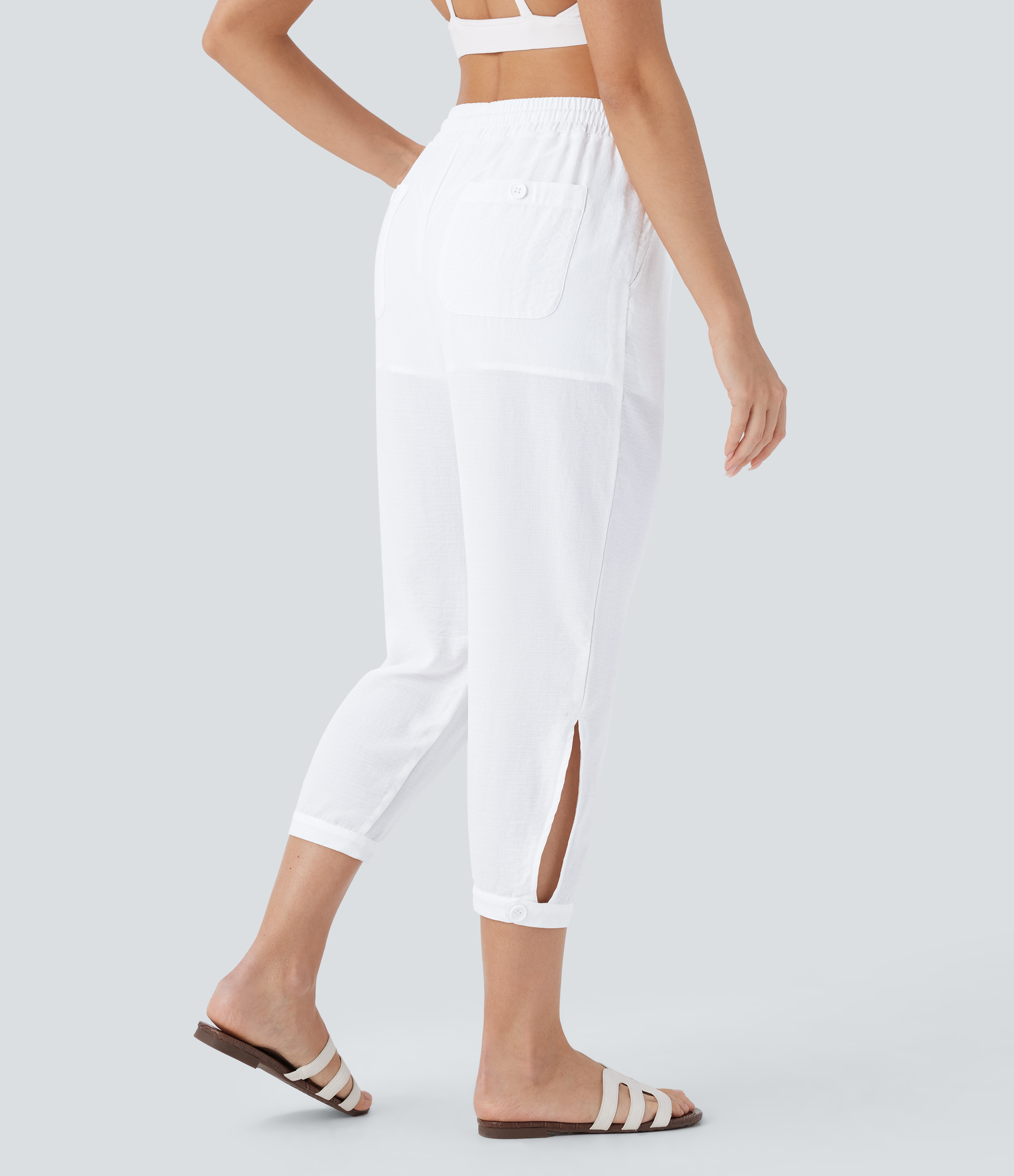 Halara High Waisted Drawstring Multiple Pockets Split Capri Linen-Feel Resort Pants  - White - L(regular) sweatpants jogger pants 