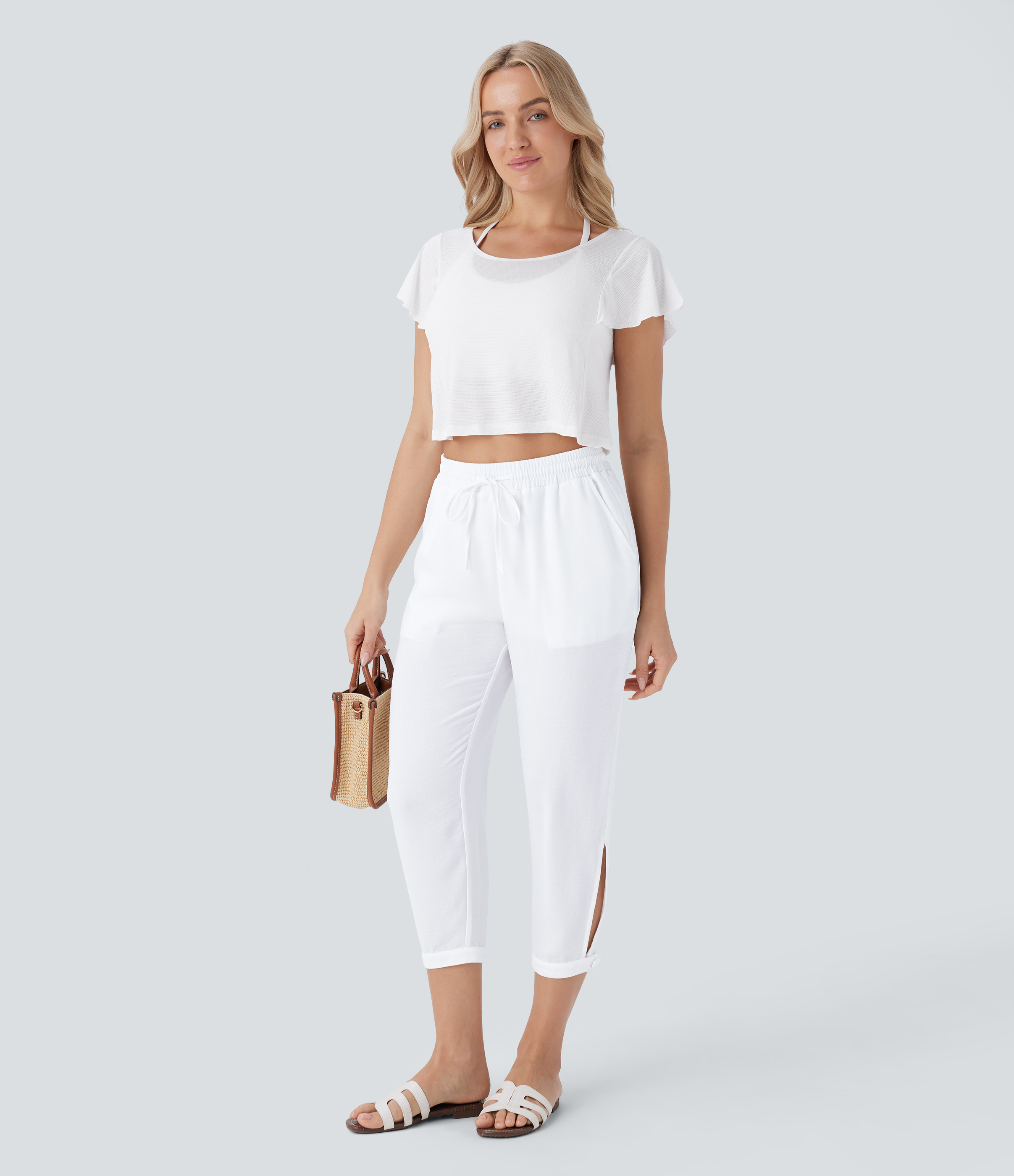 Halara High Waisted Drawstring Multiple Pockets Split Capri Linen-Feel Resort Pants  - White - L(regular) sweatpants jogger pants 