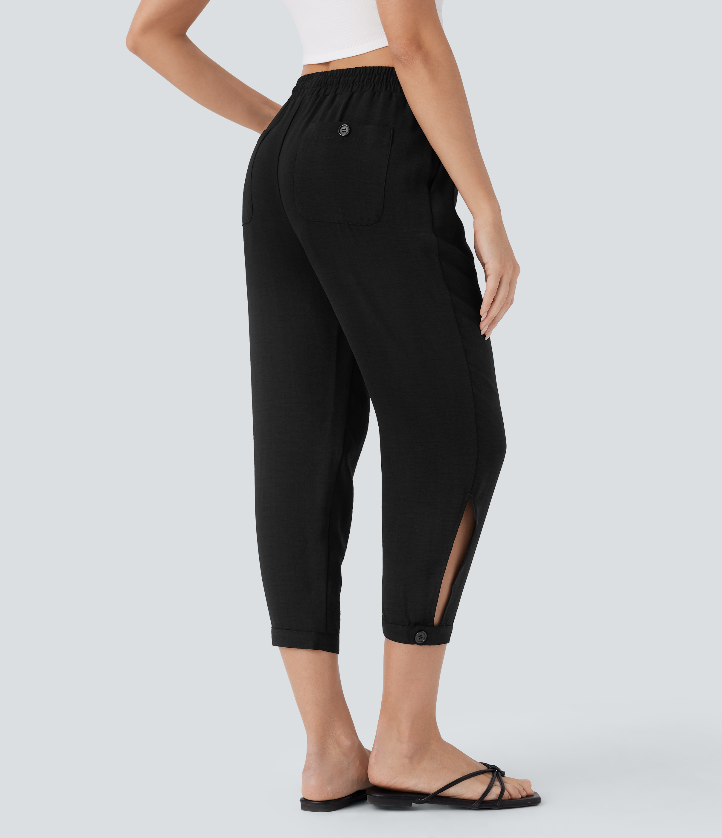 Halara High Waisted Drawstring Multiple Pockets Split Capri Linen-Feel Resort Pants  - Black - XS(regular) sweatpants jogger pants 