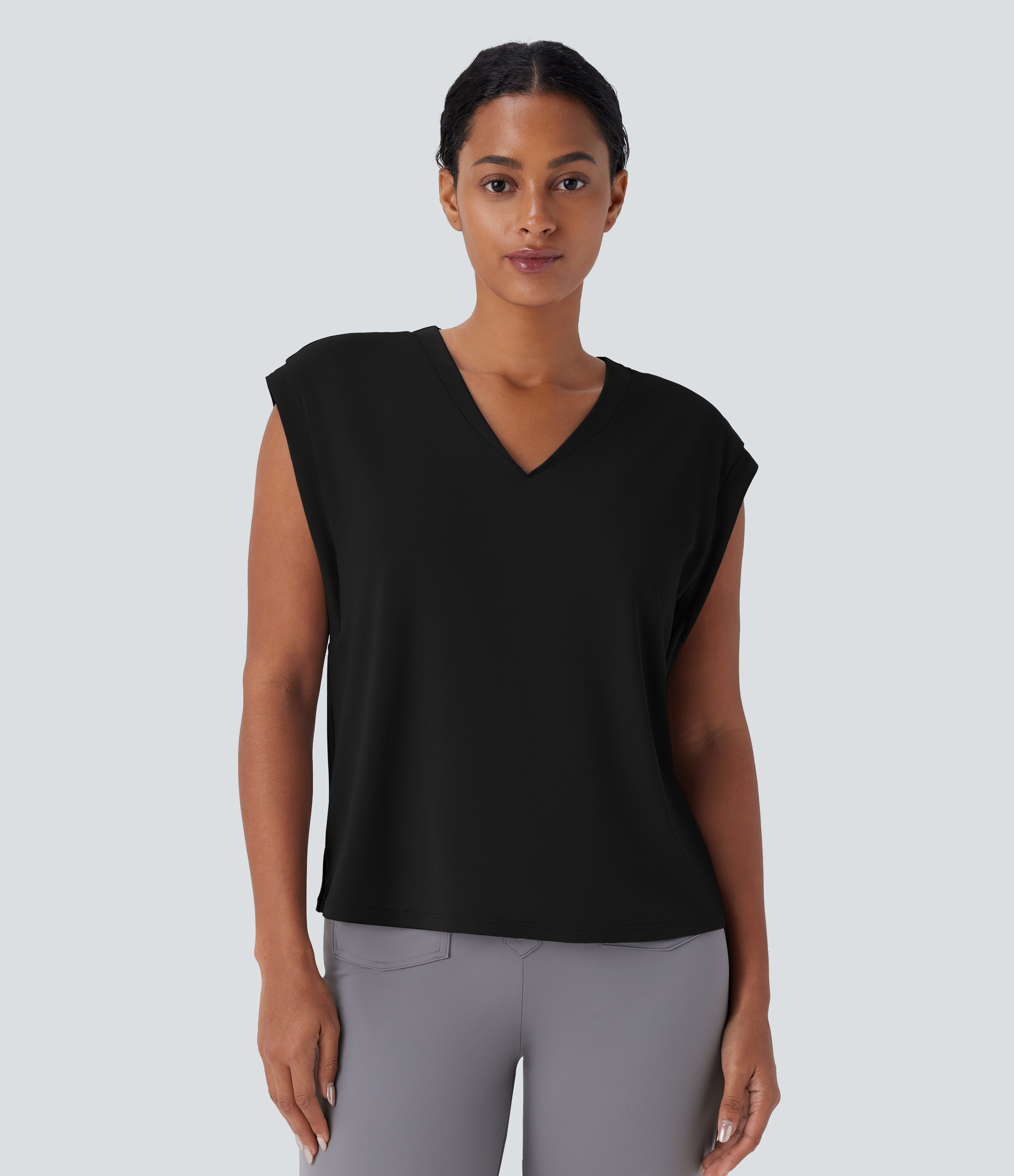 Halara V Neck Cap Sleeve Work Top Tank Top - Black - M golf tops halter top tunic tops sleeveless tops backless top 