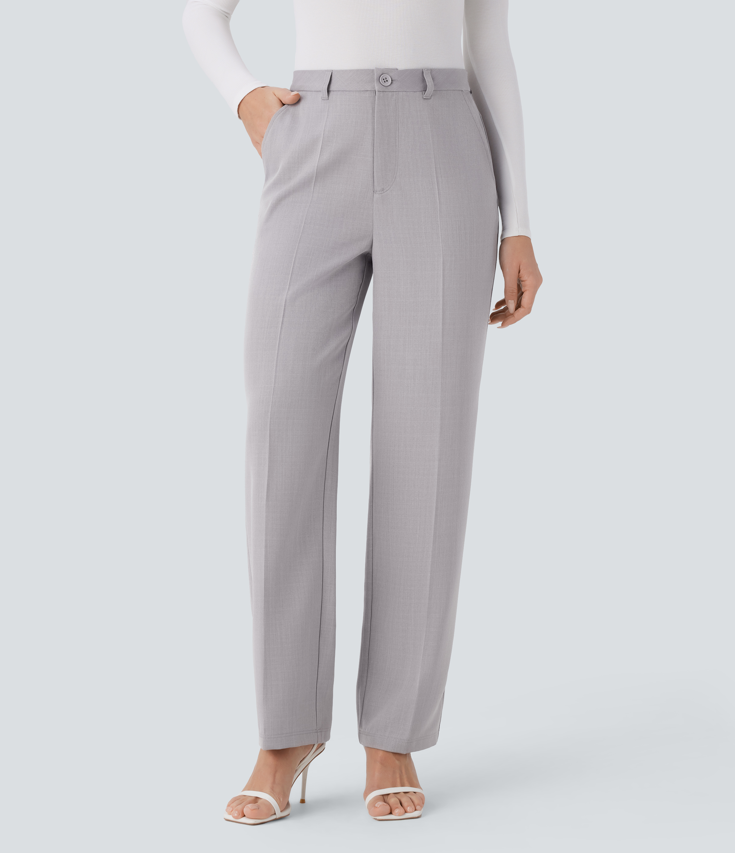 Halara High Waisted Side Pocket Straight Leg Work Pants  - Mink Ash - L(regular) sweatpants jogger pants stacked sweatpants cargo joggers 