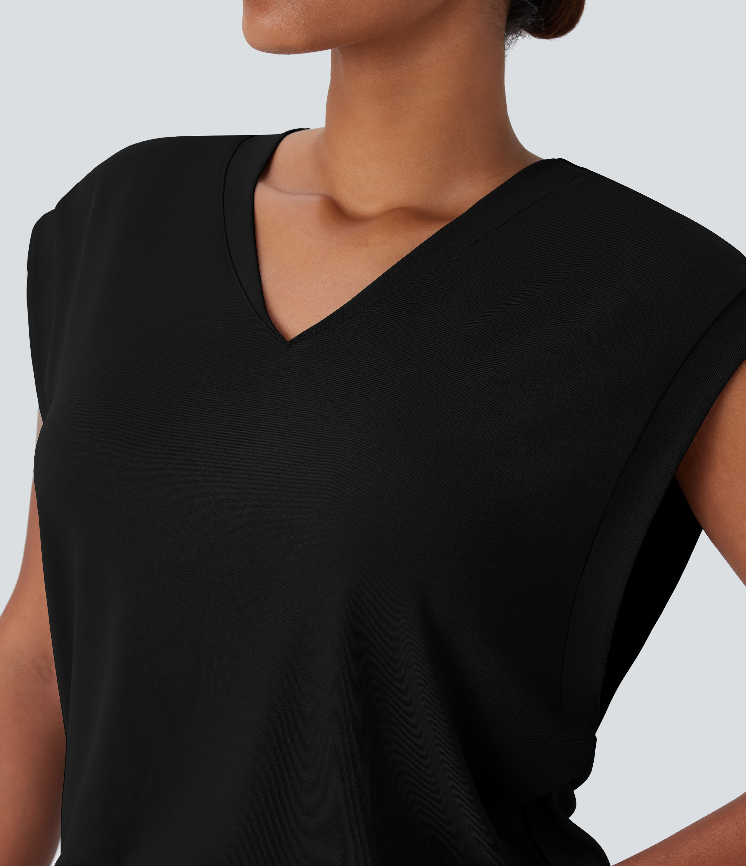 Halara V Neck Cap Sleeve Work Top Tank Top - Black - M golf tops halter top tunic tops sleeveless tops backless top 
