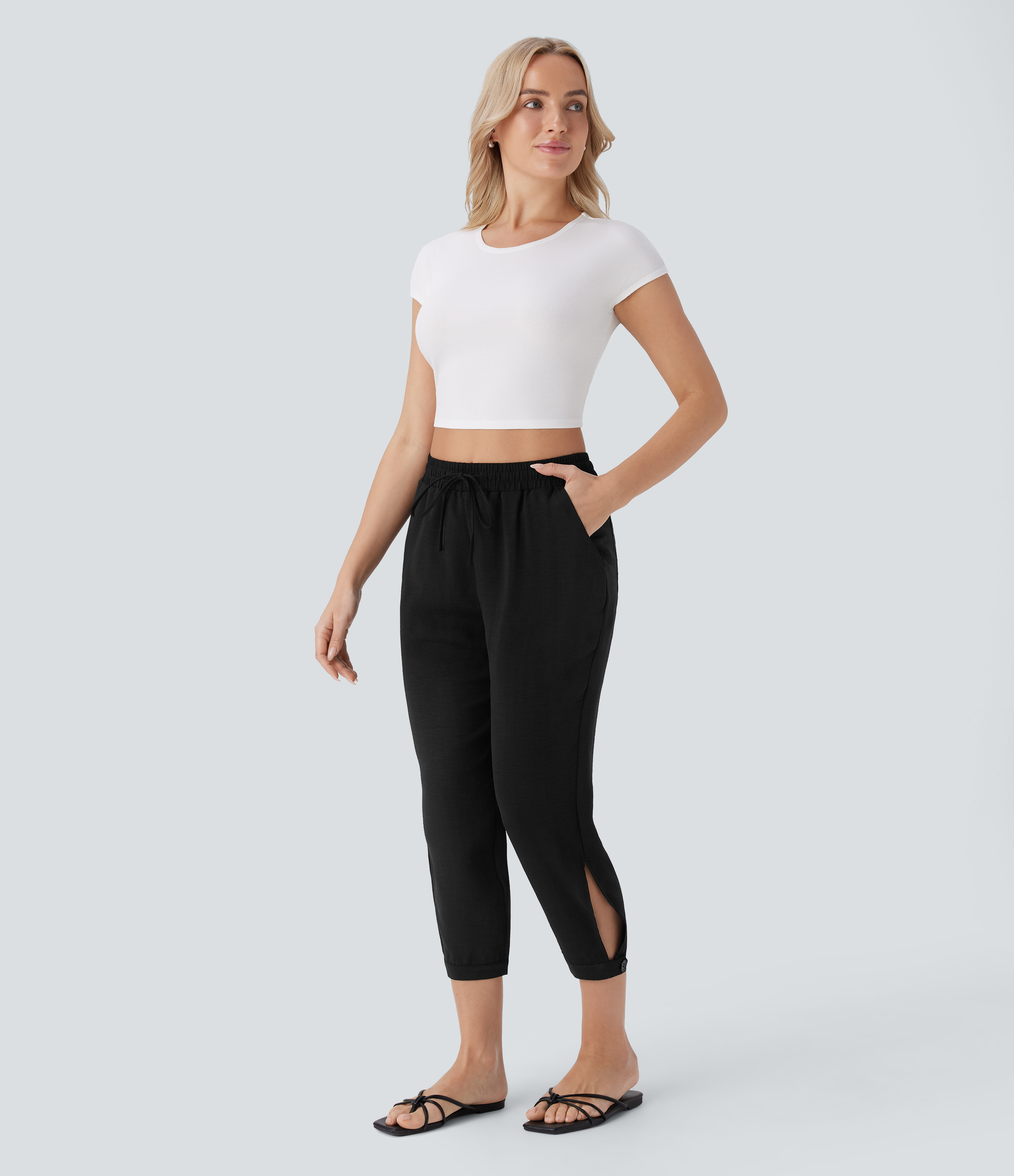 Halara High Waisted Drawstring Multiple Pockets Split Capri Linen-Feel Resort Pants  - Black - XS(regular) sweatpants jogger pants 