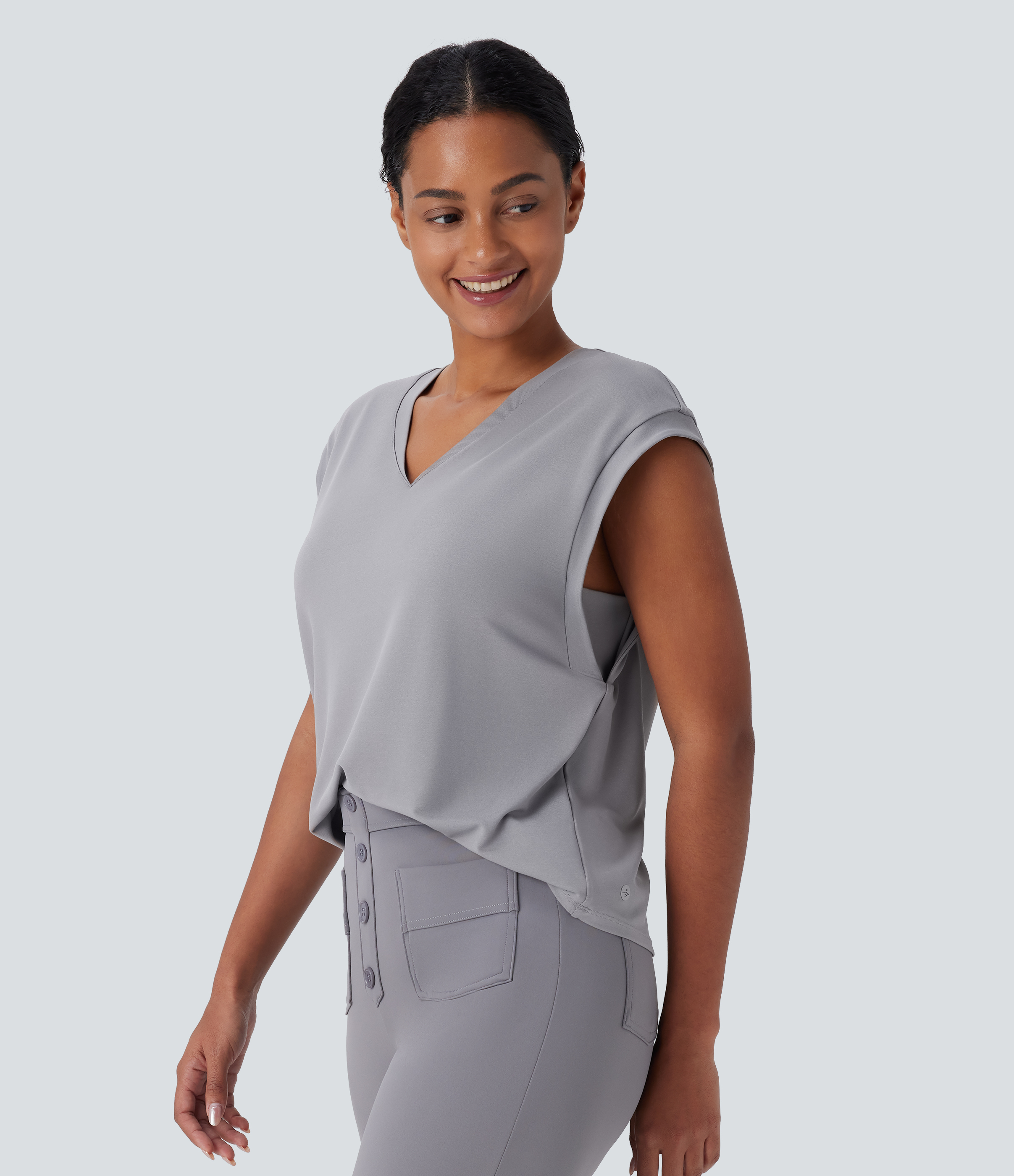 Halara V Neck Cap Sleeve Work Top Tank Top - Ultimate Gray - L golf tops halter top tunic tops sleeveless tops backless top 