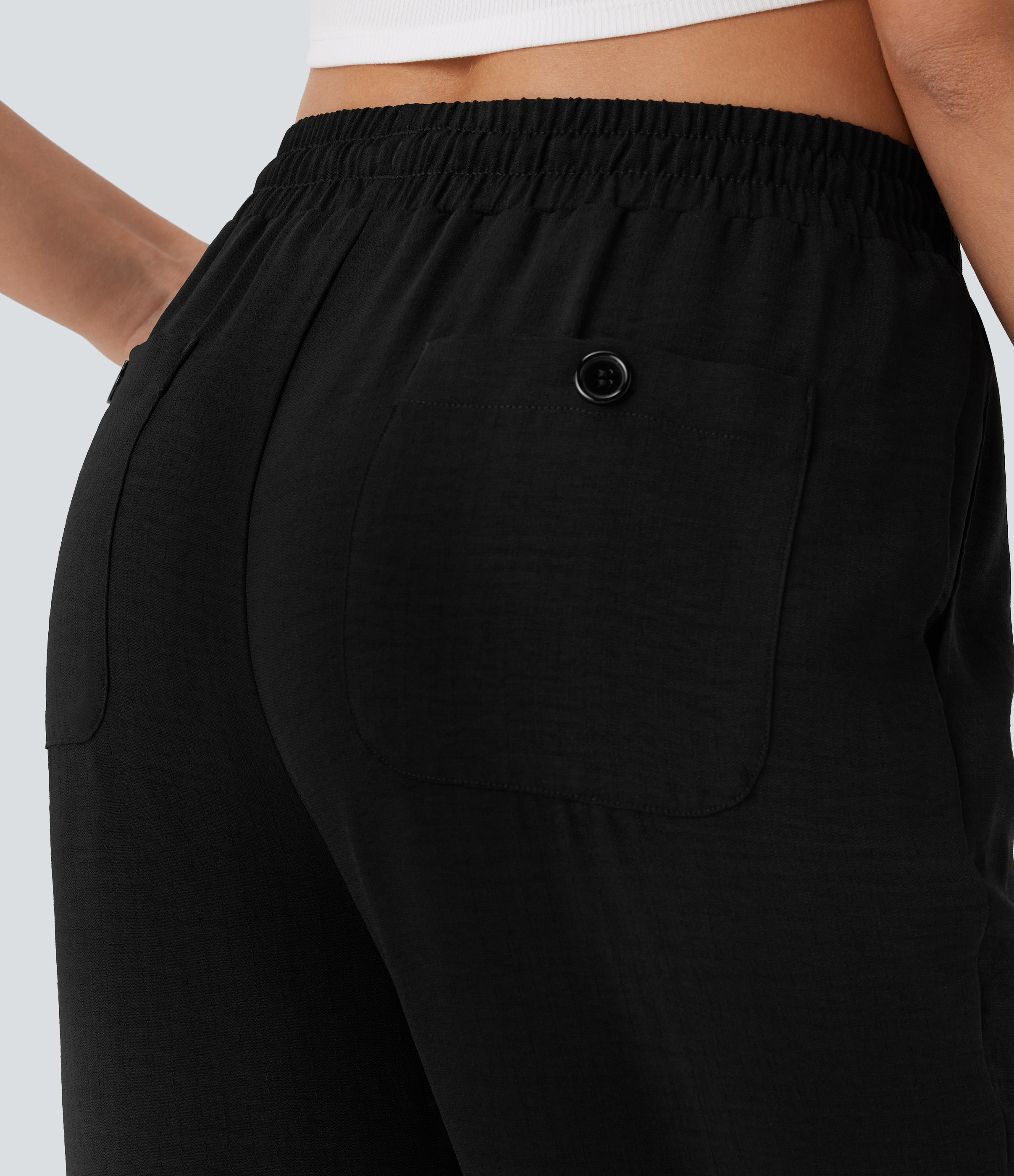 Halara High Waisted Drawstring Multiple Pockets Split Capri Linen-Feel Resort Pants  - Black - XS(regular) sweatpants jogger pants 
