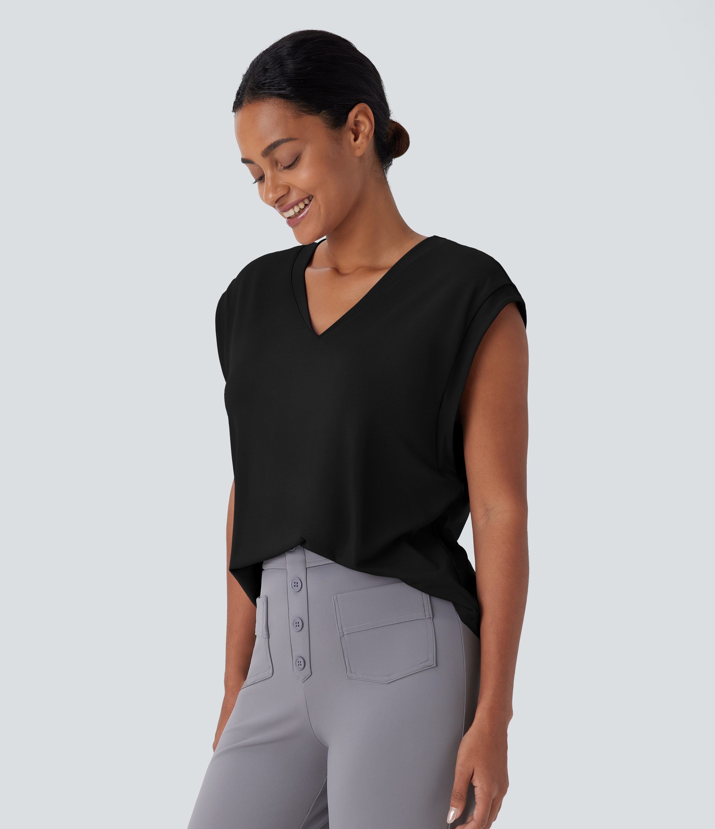 Halara V Neck Cap Sleeve Work Top Tank Top - Black - M golf tops halter top tunic tops sleeveless tops backless top 