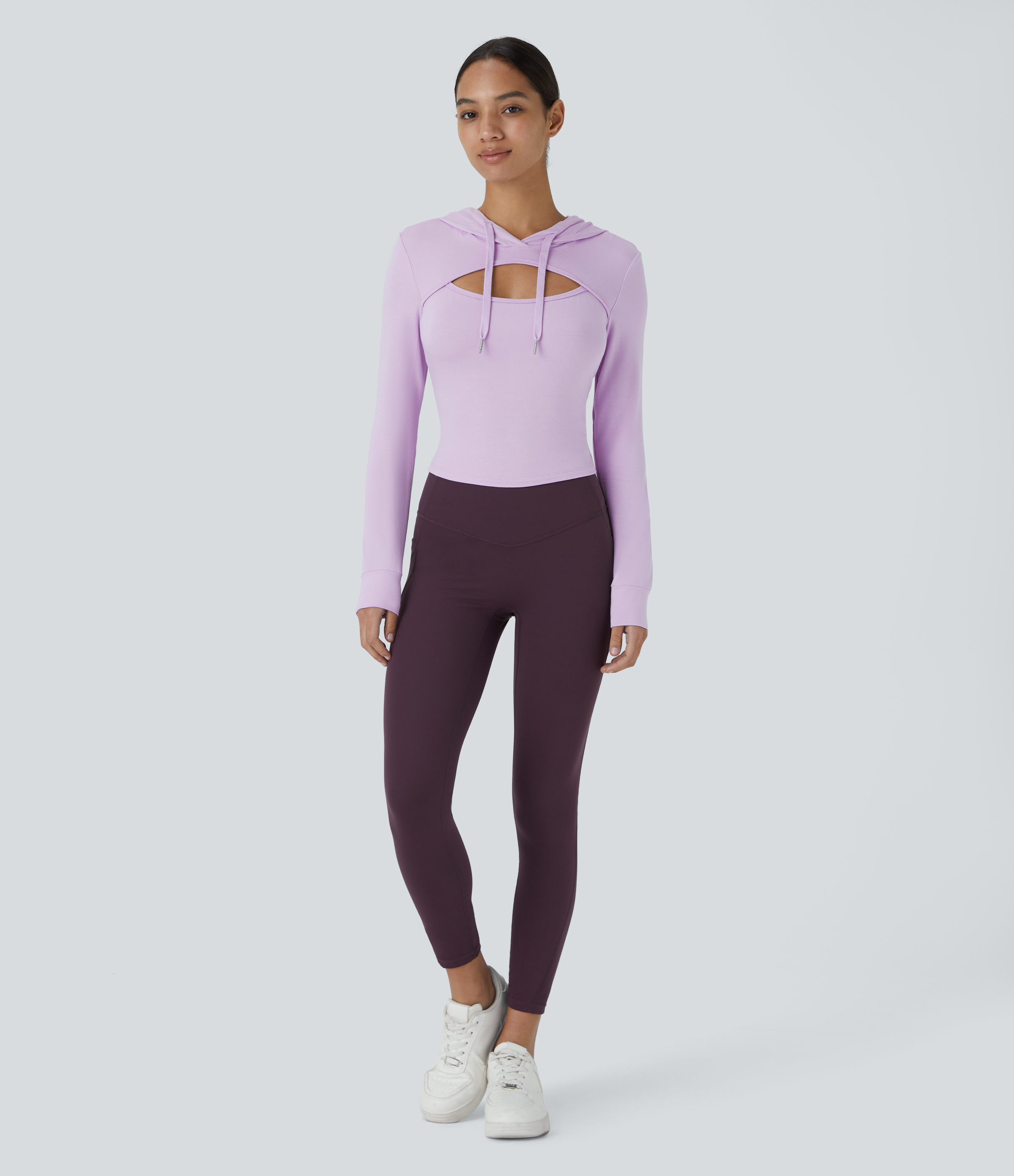 Halara Hooded Drawstring Cut Out Casual Hoodie Sweatshirt  - Misty Purple - S 