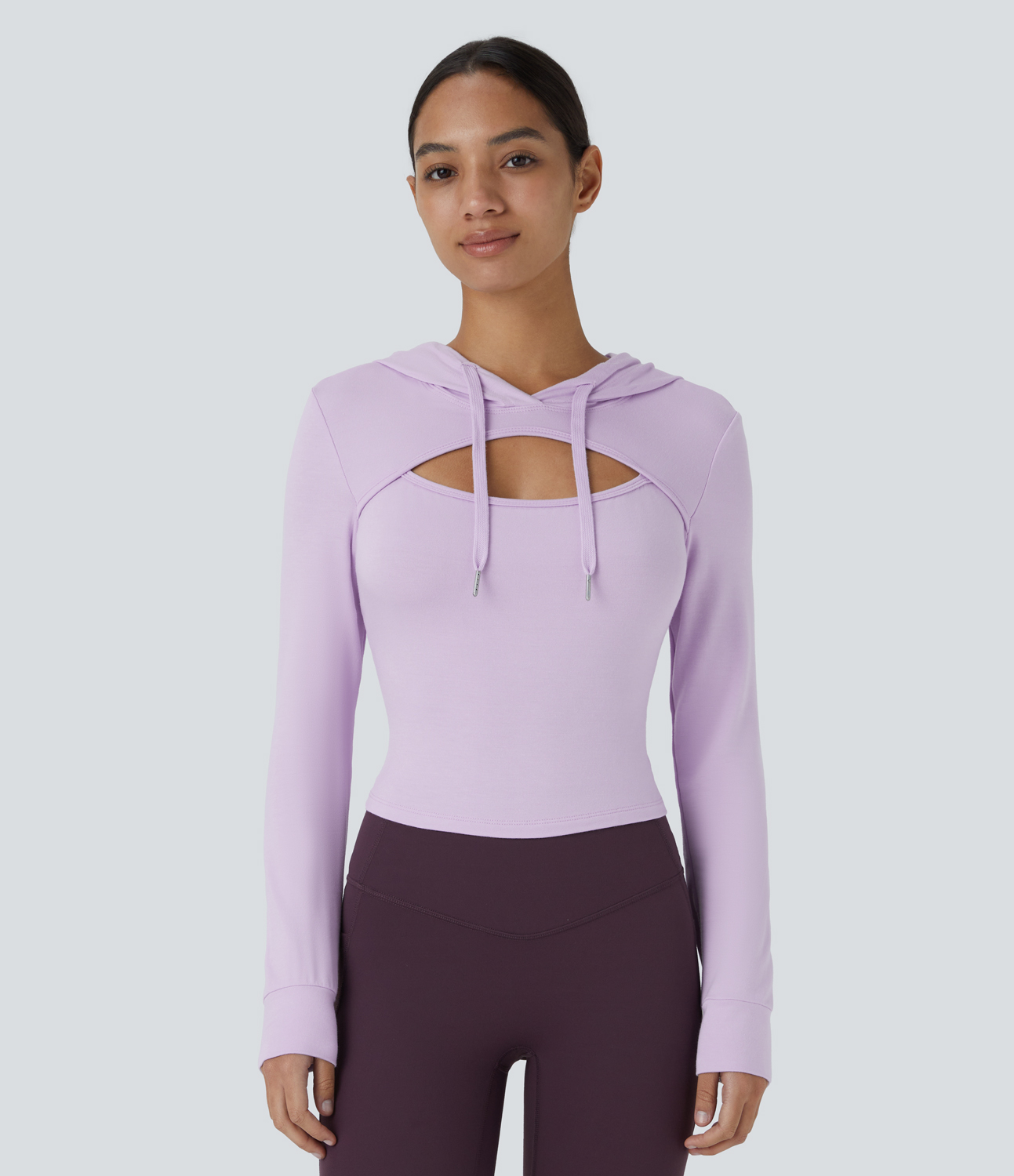 Halara Hooded Drawstring Cut Out Casual Hoodie Sweatshirt  - Misty Purple - S 