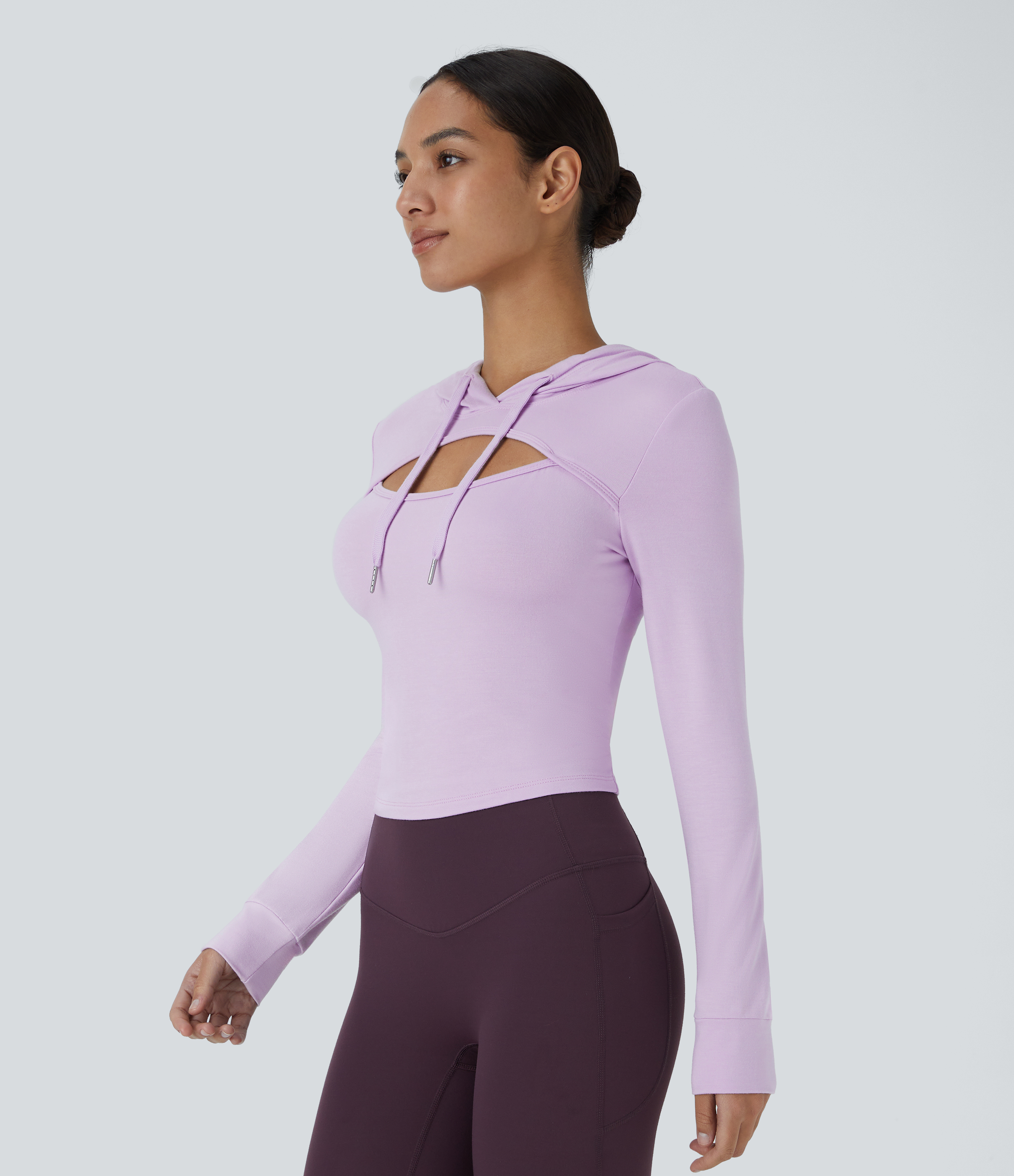 Halara Hooded Drawstring Cut Out Casual Hoodie Sweatshirt  - Misty Purple - S 