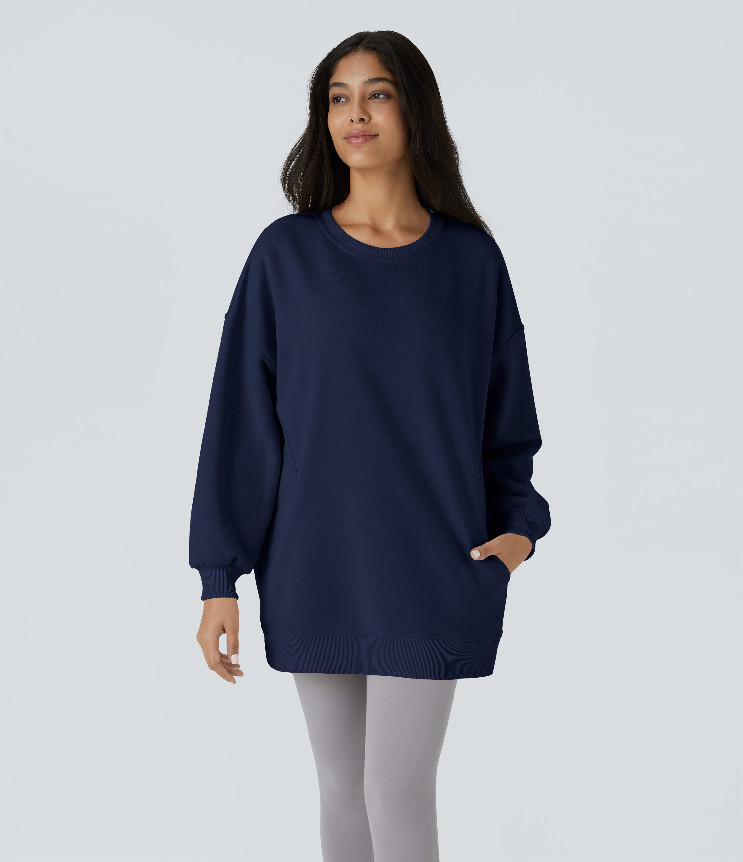 Halara Round Neck Long Sleeve Side Pocket Oversize Fleece Casual Sweatshirt  - Ocean Cavern - L 