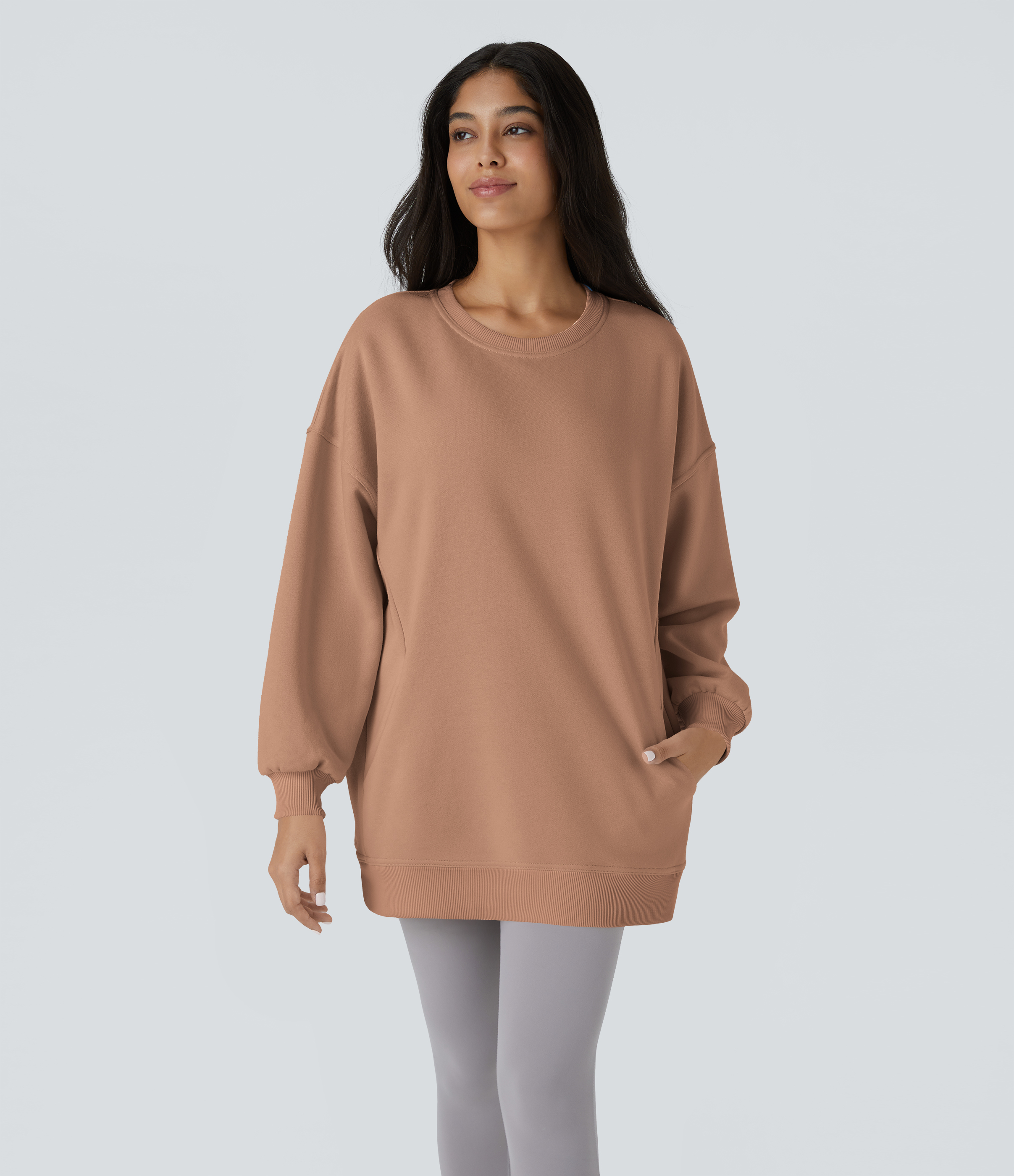 Halara Round Neck Long Sleeve Side Pocket Oversize Fleece Casual Sweatshirt  - Mocha Mousse - S 