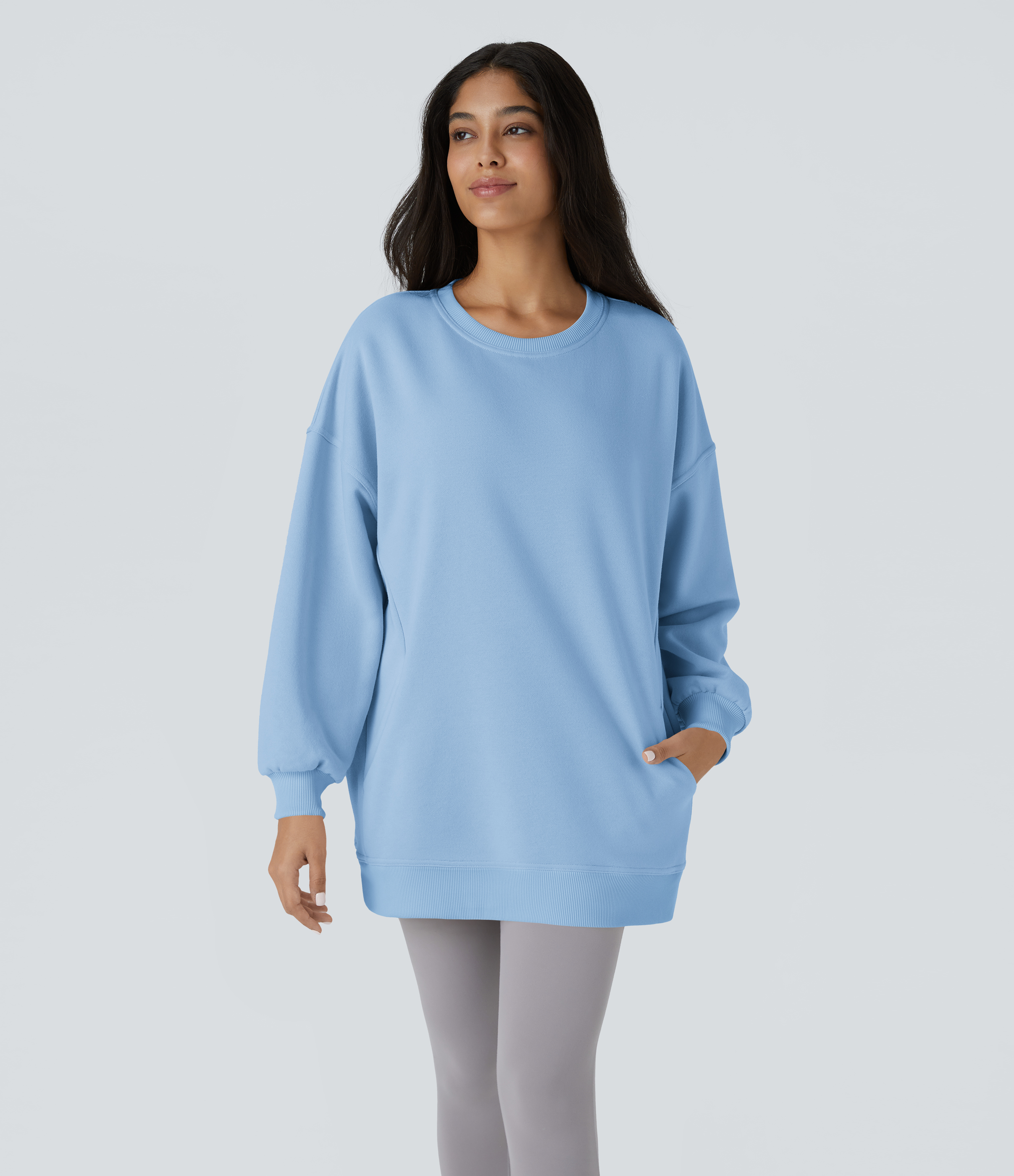 Halara Round Neck Long Sleeve Side Pocket Oversize Fleece Casual Sweatshirt  - Cool Ice Blue - M 