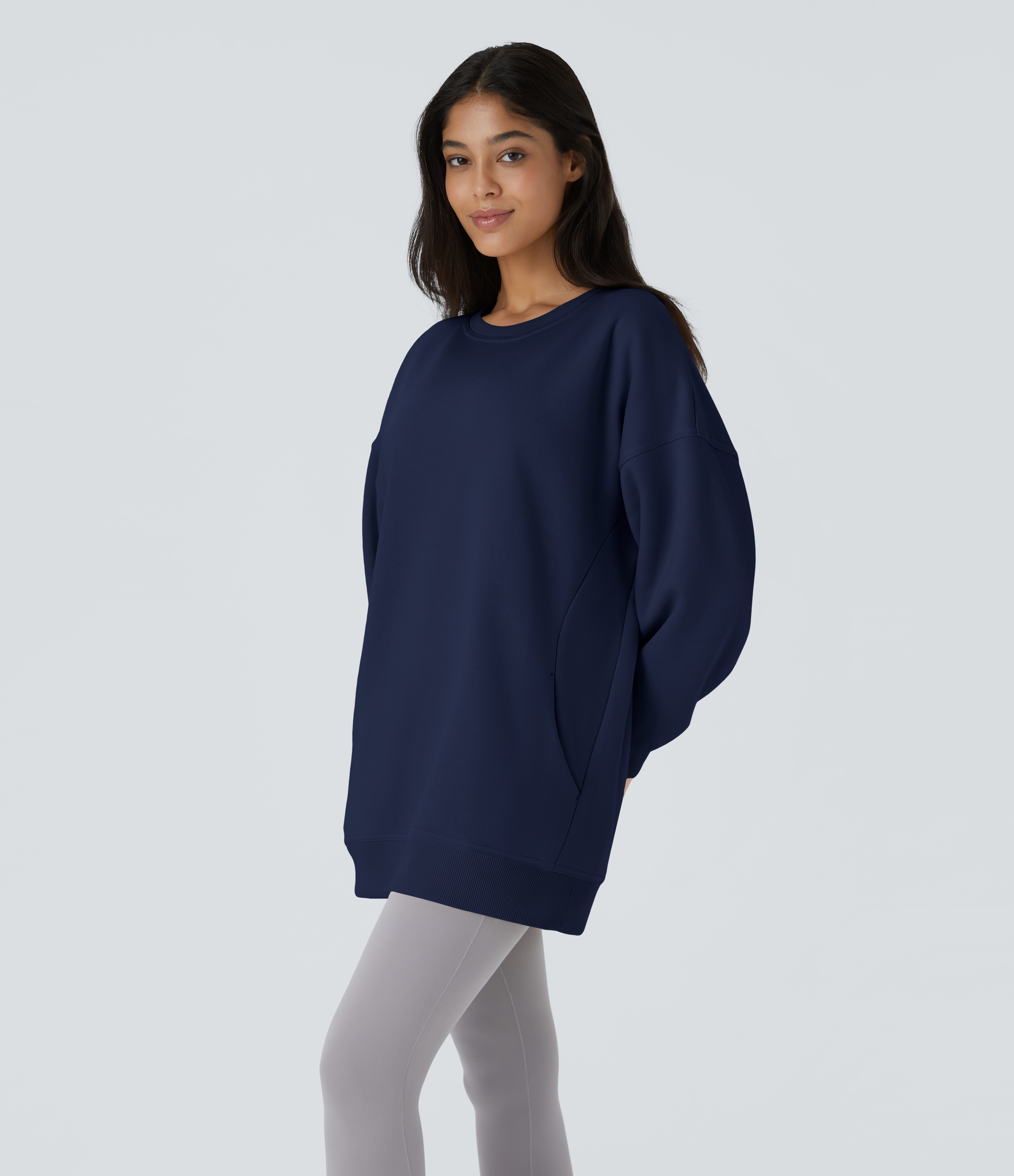 Halara Round Neck Long Sleeve Side Pocket Oversize Fleece Casual Sweatshirt  - Ocean Cavern - L 