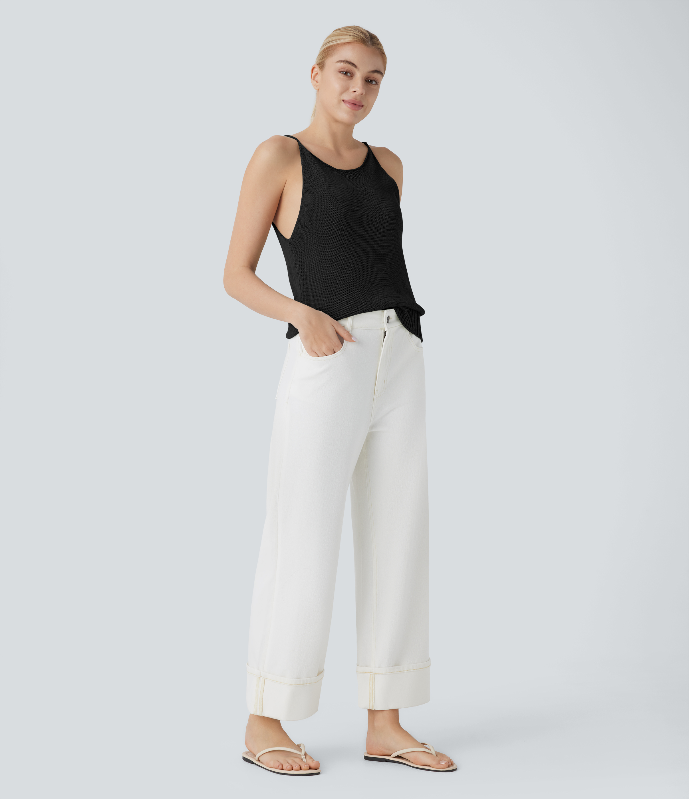 Halara Solid Casual Knit Cami Top  - Black - S 