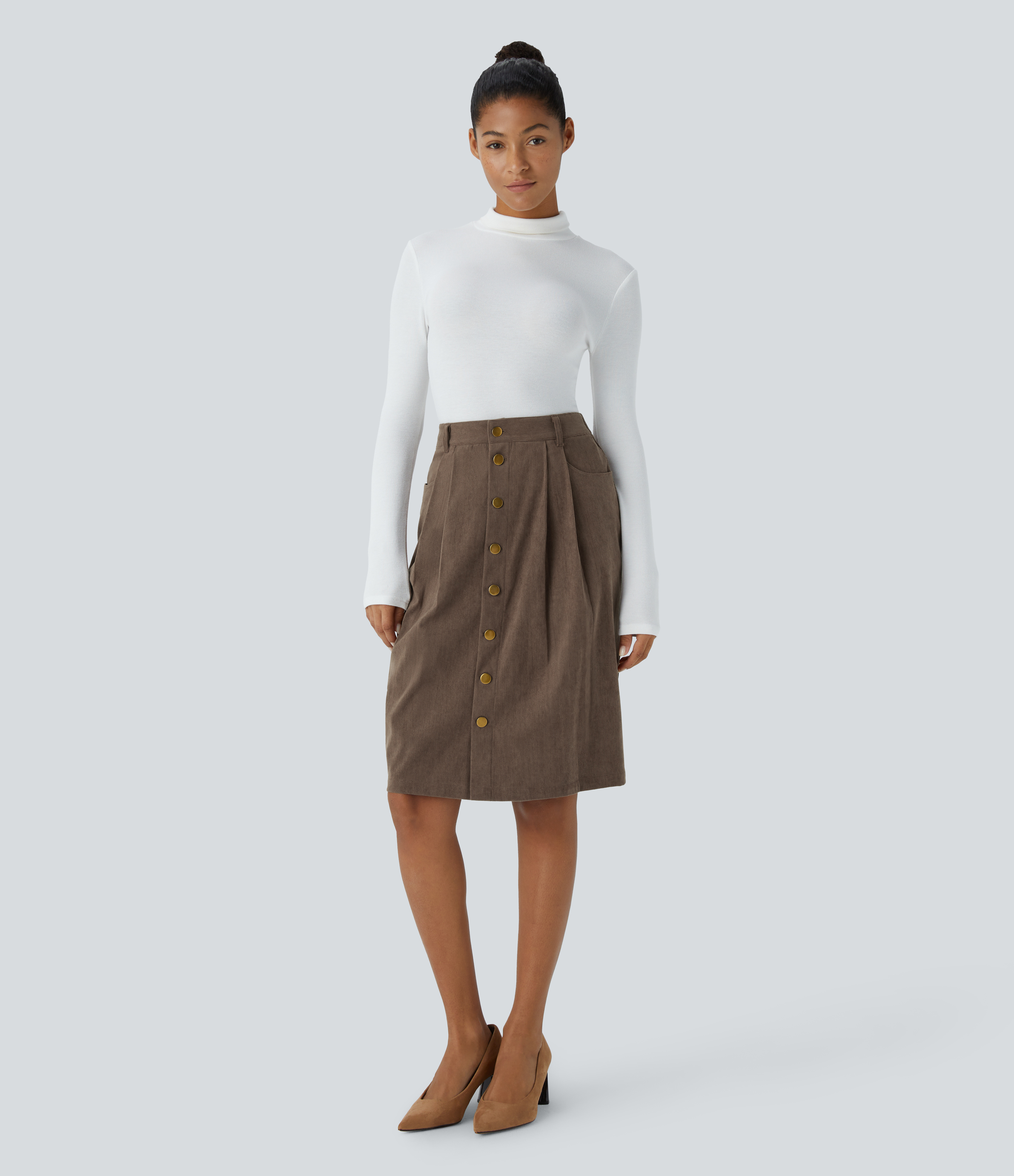 Halara High Waisted Plicated Multiple Pockets Button Front Midi Casual Corduroy Skirt  - Camellia Brown - S(regular) 