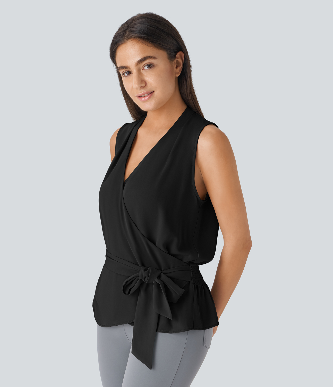 Halara V Neck Sleeveless Wrapped Tie Front Shirred Work Blouse  - Black - XL 