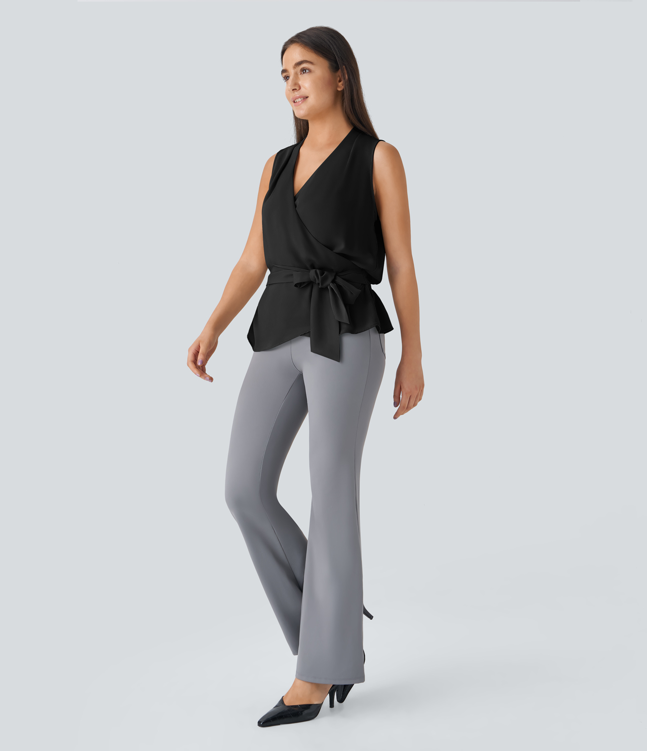 Halara V Neck Sleeveless Wrapped Tie Front Shirred Work Blouse  - Black - XL 