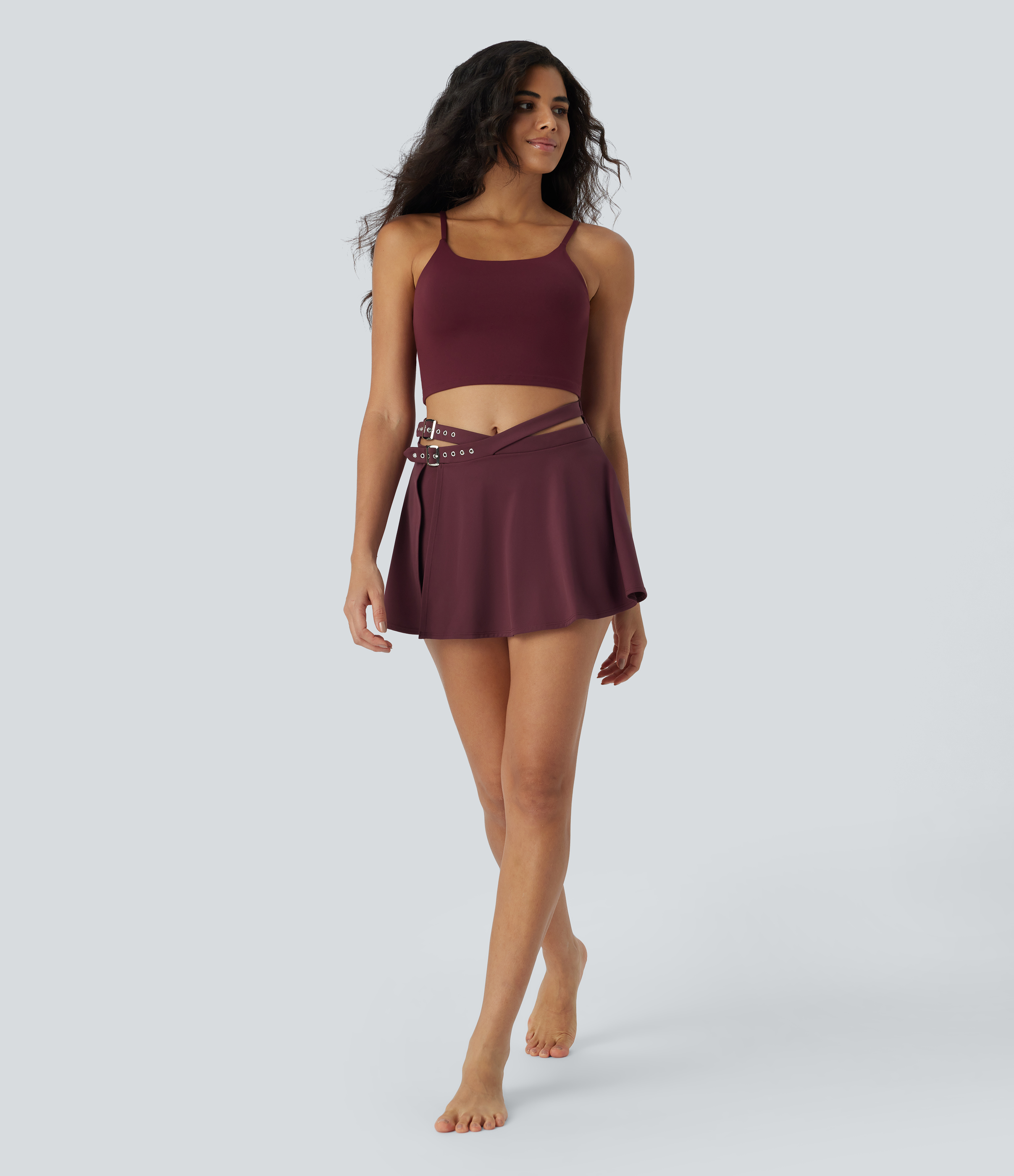Halara Softlyzeroв„ў Airy High Waisted Crossover Adjustable Buckle 2-in-1 Side Pocket Split Cool Touch Flare Mini Dance Skirt  - Berry Red - S(regular) 