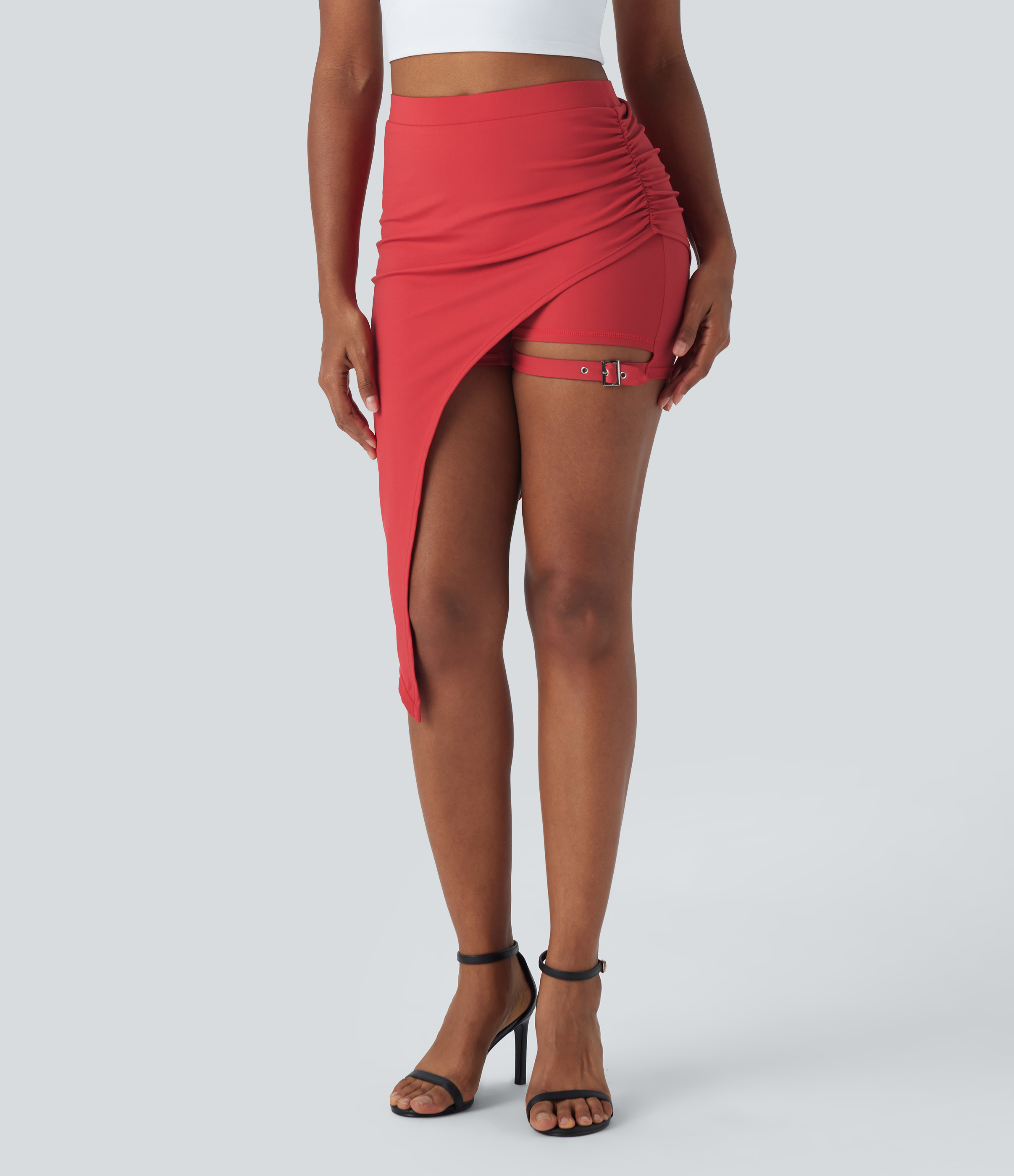 Halara High Waisted Ruched Adjustable Buckle 2-in-1 Side Pocket High Low Dance Skirt  - Salsa - L(regular) midi skirt a line skirt 