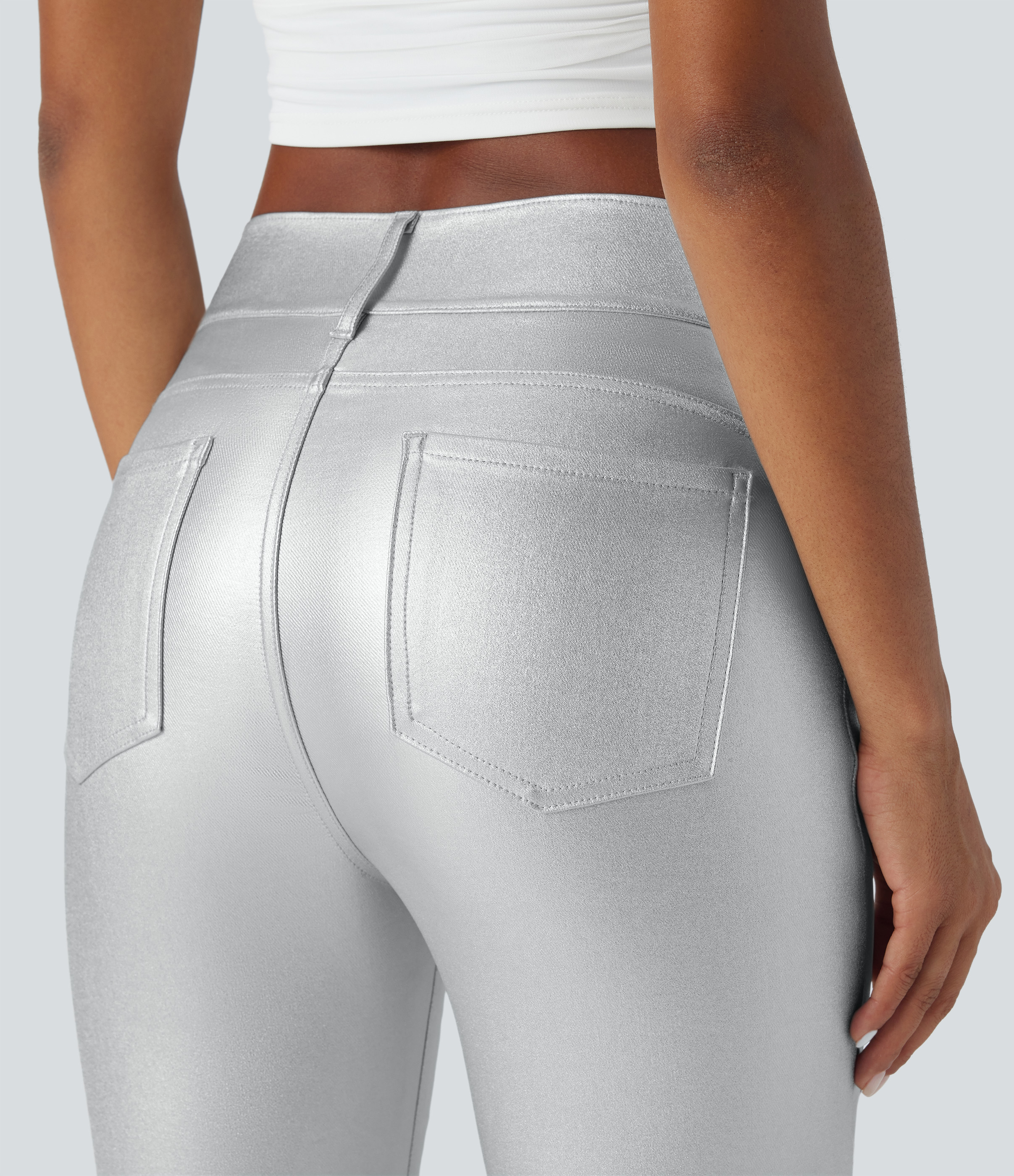 Halara High Waisted Multiple Pockets Metallic Casual Flare Pants  - Silver Sequin - XL(regular) sweatpants jogger pants stacked sweatpants 