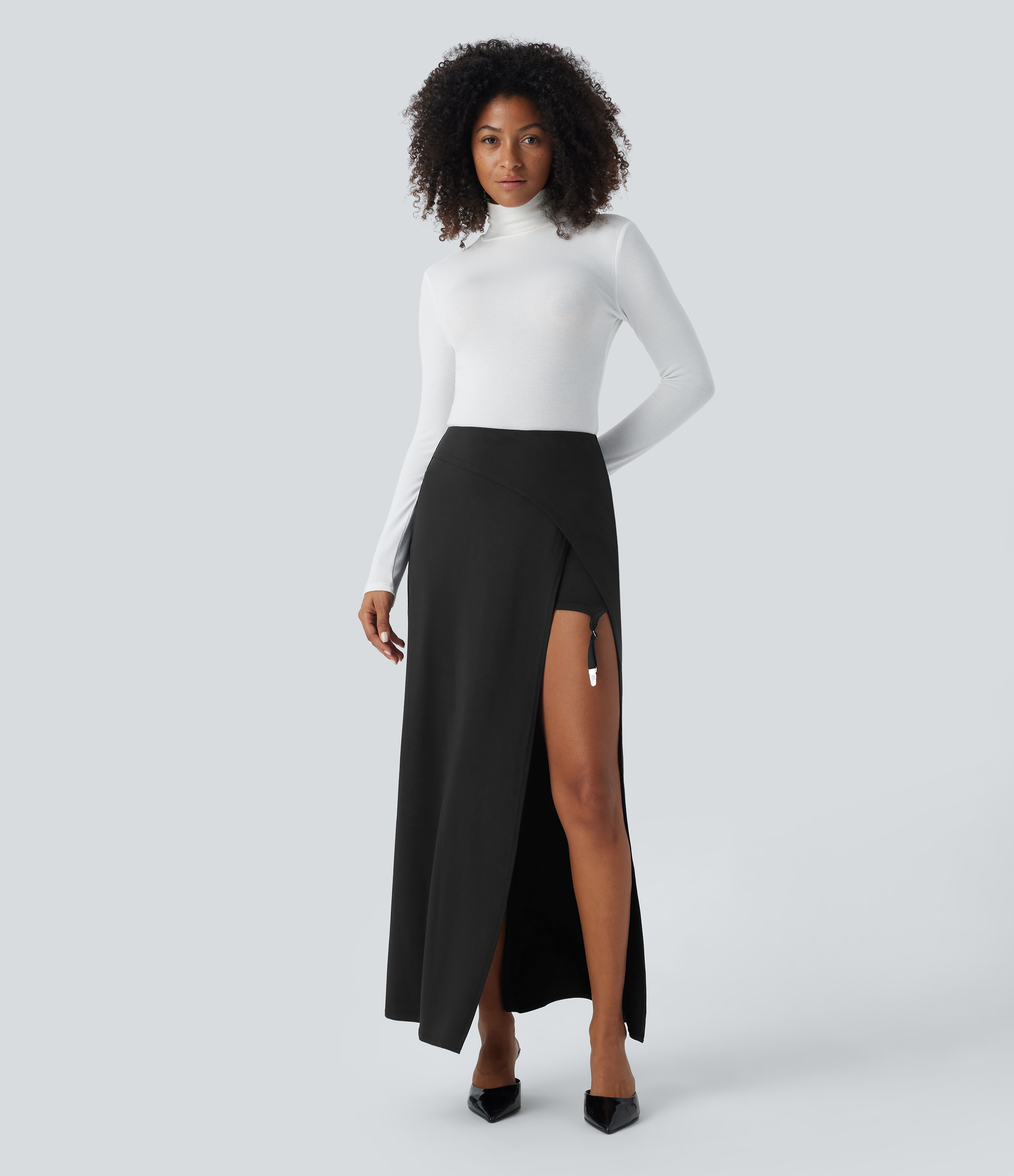 Halara High Waisted Crossover Split 2-in-1 Adjustable Garter With Metal Clips Work Skirt  - Black - L(regular) midi skirt a line skirt 