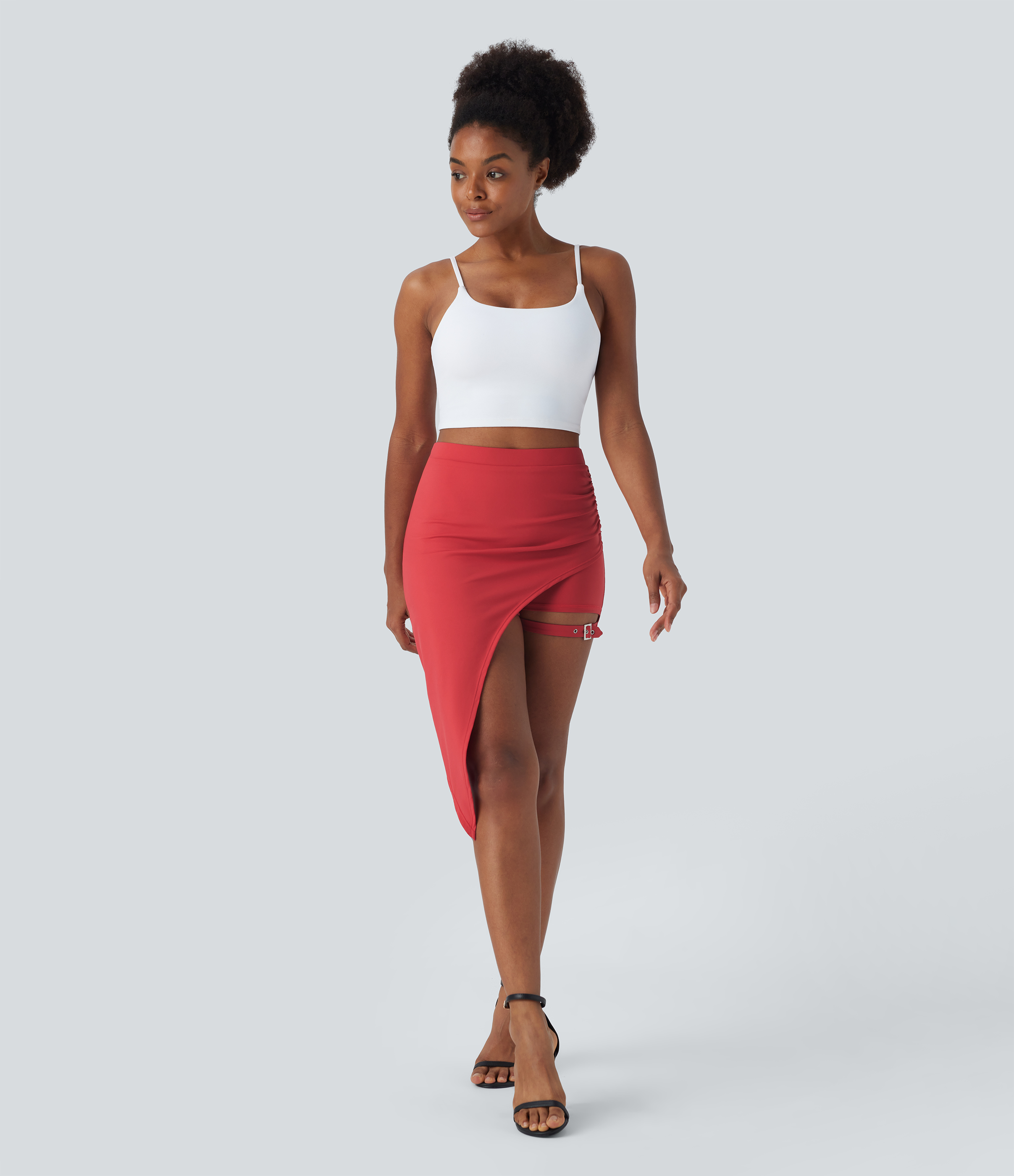 Halara High Waisted Ruched Adjustable Buckle 2-in-1 Side Pocket High Low Dance Skirt  - Salsa - L(regular) midi skirt a line skirt 