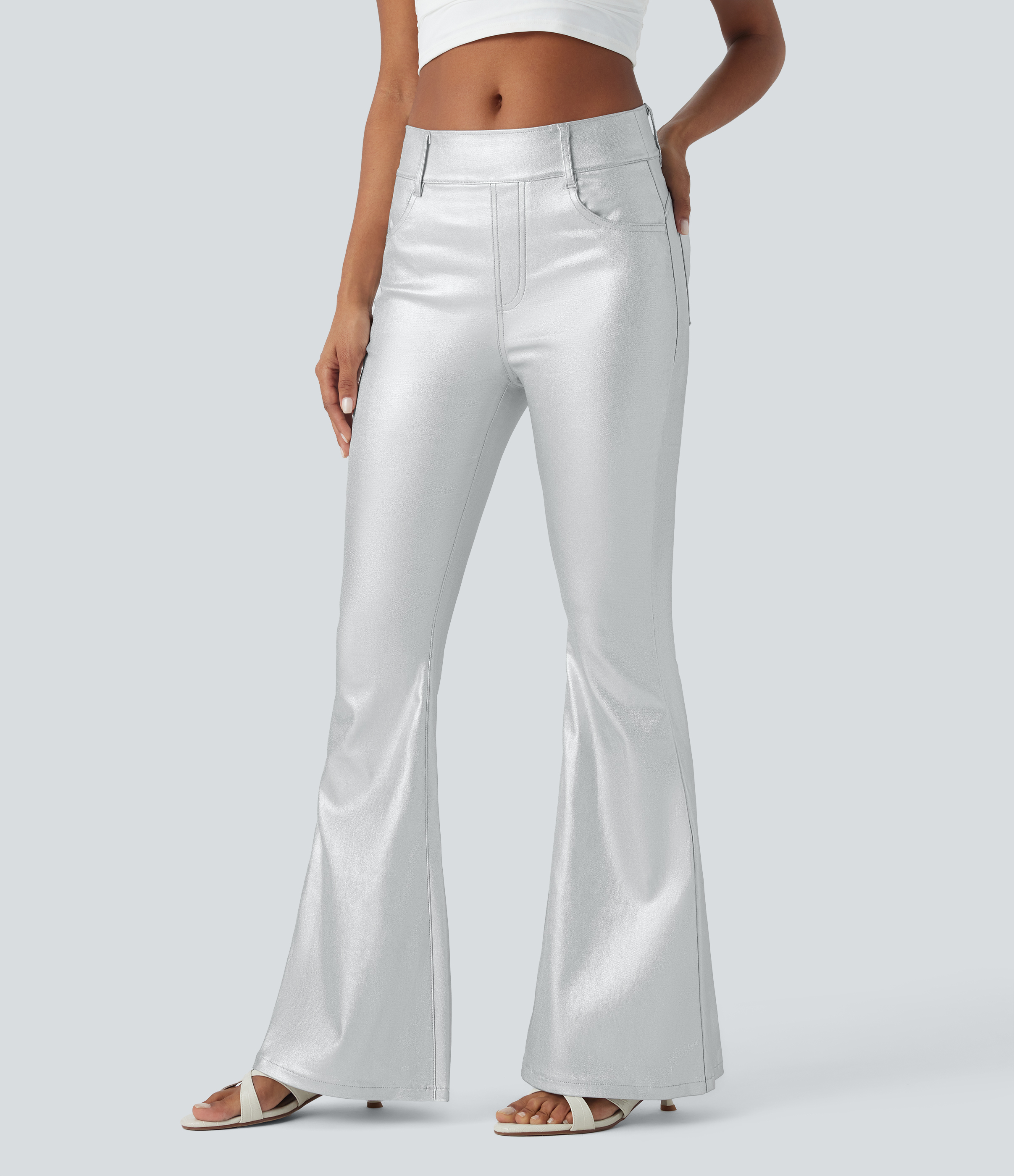 Halara High Waisted Multiple Pockets Metallic Casual Flare Pants  - Silver Sequin - XL(regular) sweatpants jogger pants stacked sweatpants 