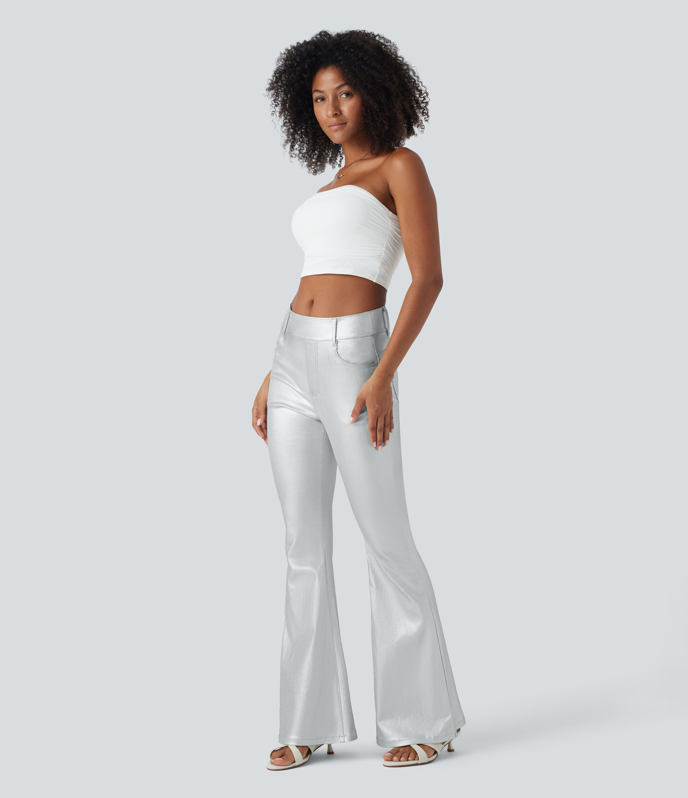 Halara High Waisted Multiple Pockets Metallic Casual Flare Pants  - Silver Sequin - XL(regular) sweatpants jogger pants stacked sweatpants 