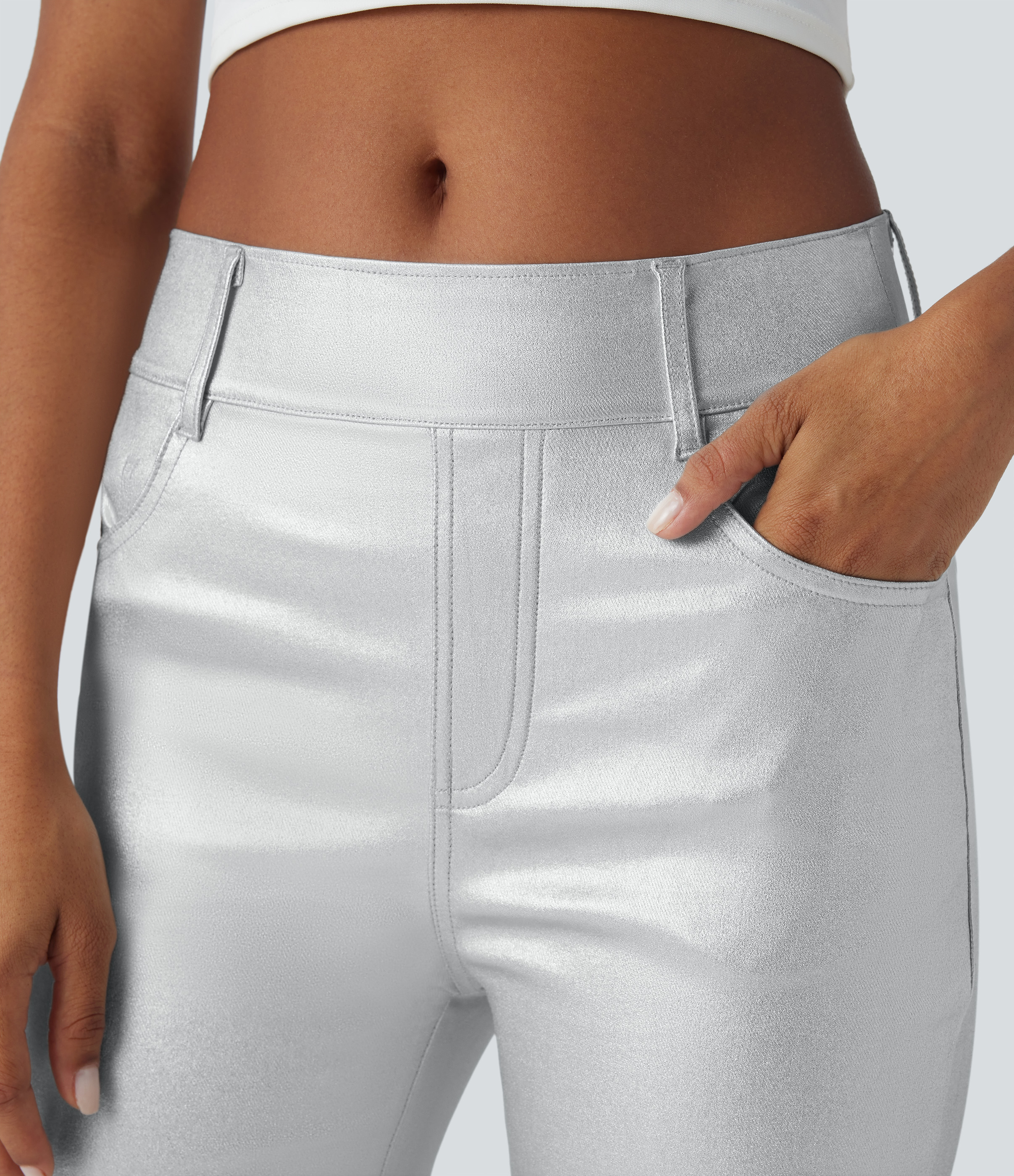 Halara High Waisted Multiple Pockets Metallic Casual Flare Pants  - Silver Sequin - XL(regular) sweatpants jogger pants stacked sweatpants 