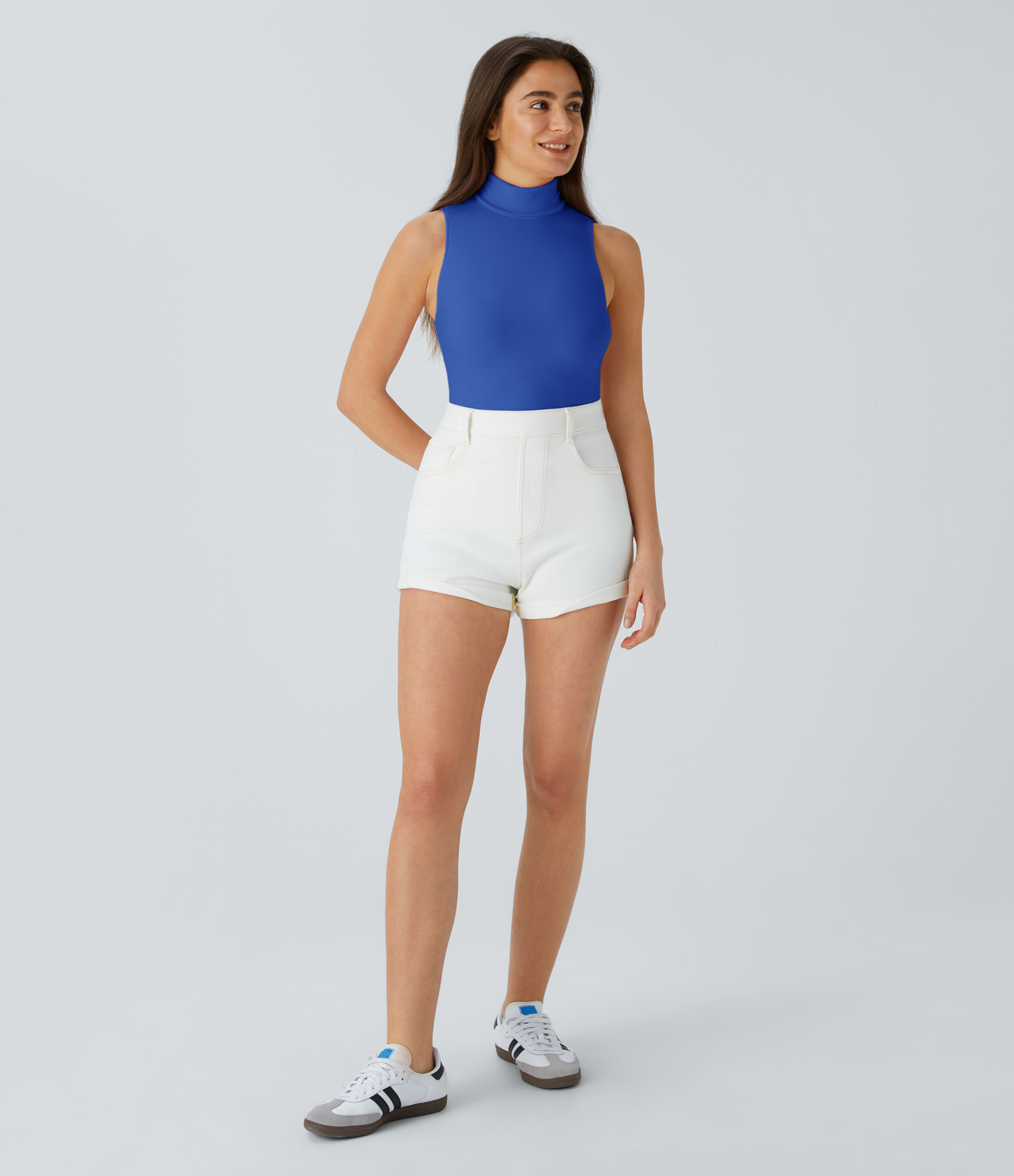 Halara Ribbed Knit High Collar Sleeveless Casual T-Shirt  - Blue Without Nights - XS 
