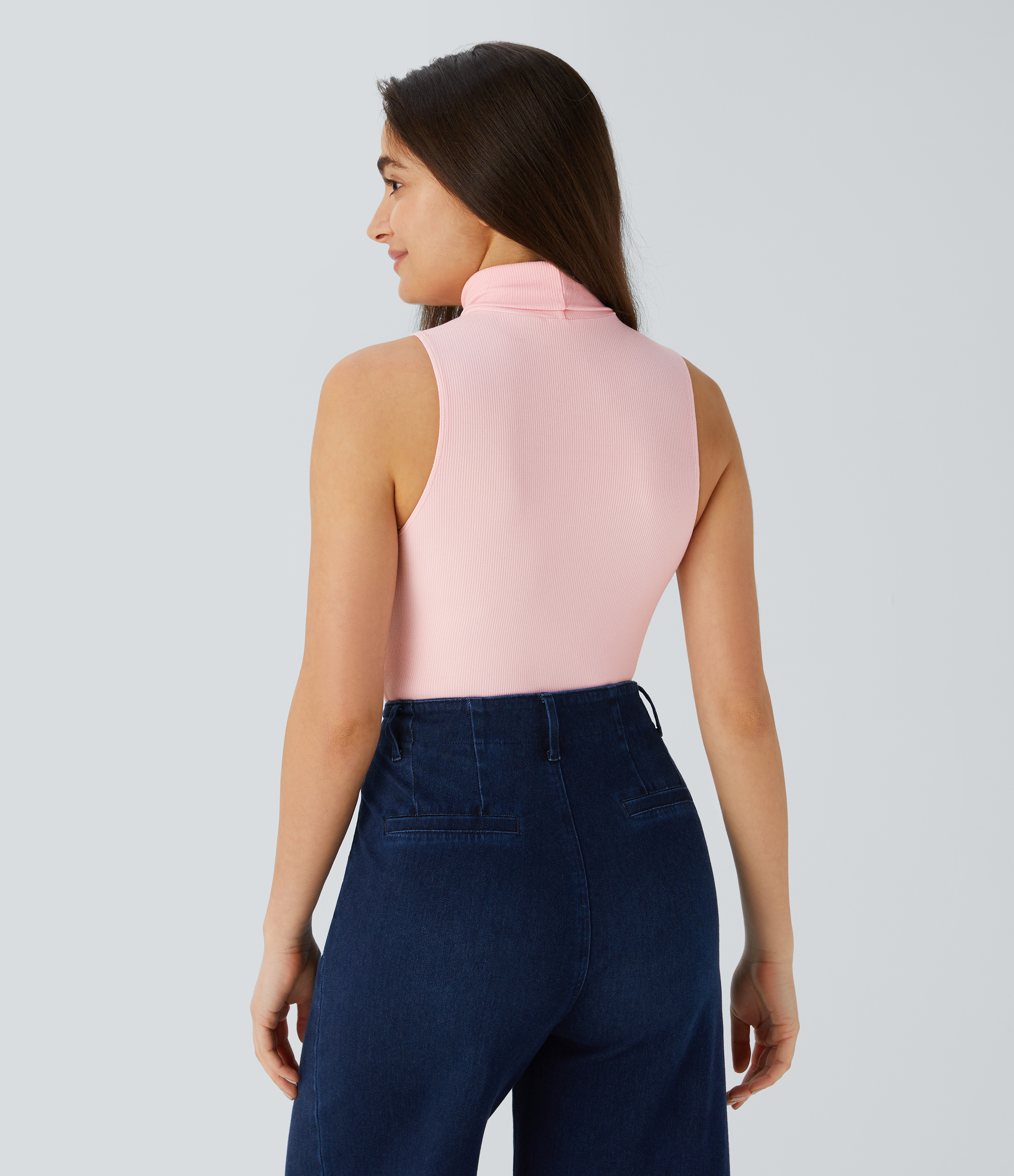 Halara Ribbed Knit High Collar Sleeveless Casual T-Shirt  - Rose Haze Pink - S 