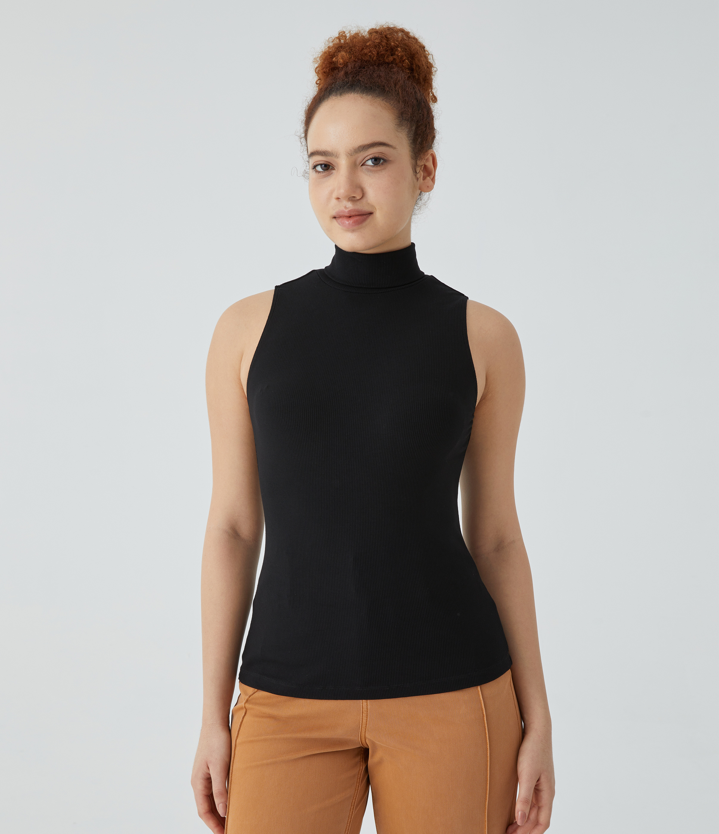 Halara Ribbed Knit High Collar Sleeveless Casual T-Shirt  - Black - XS 